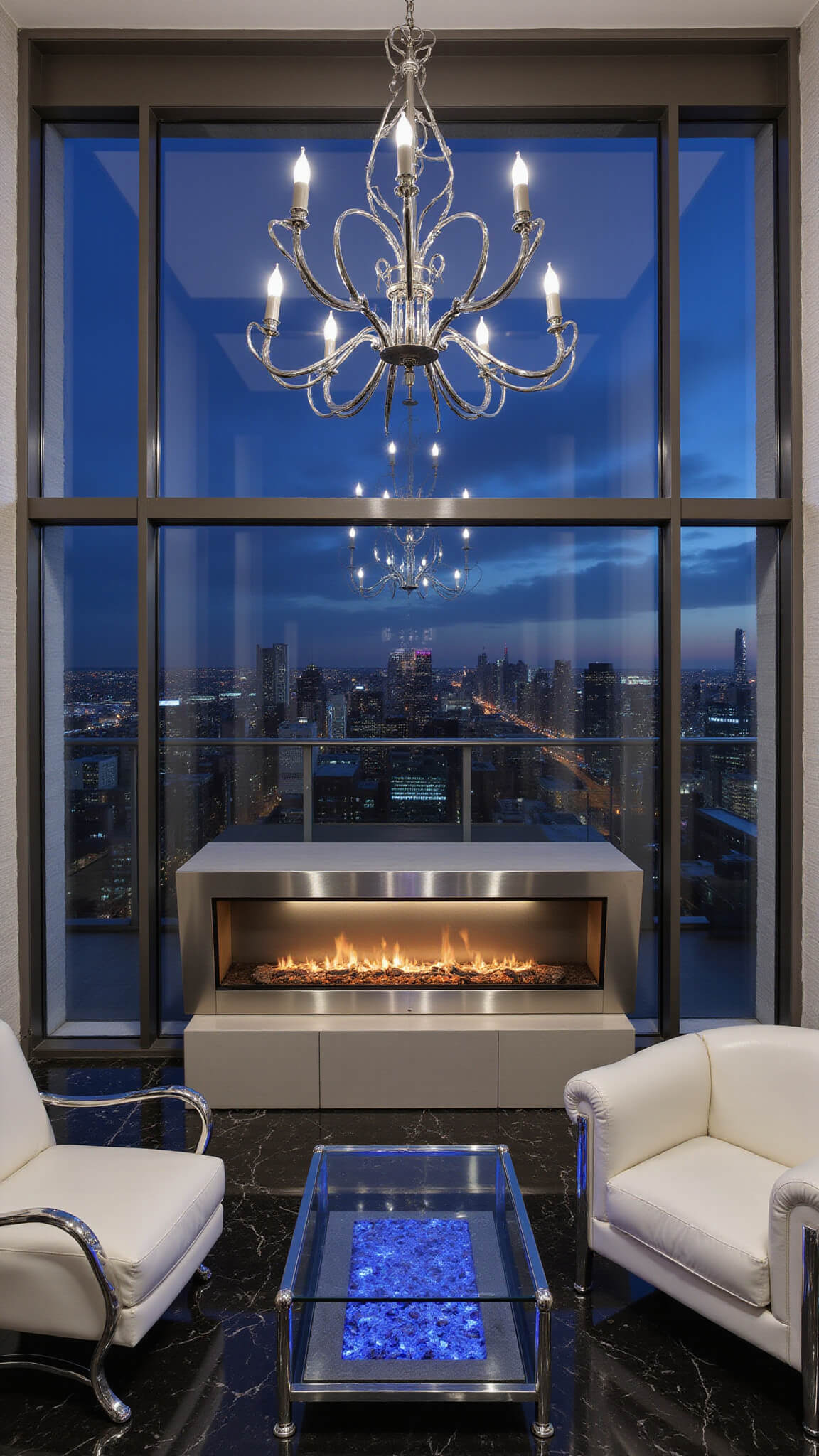 Ultra-modern double-height penthouse with glass fireplace wall, glowing blue fire media, chrome and white leather furniture, black marble floors, and city lights reflected in polished stainless steel.