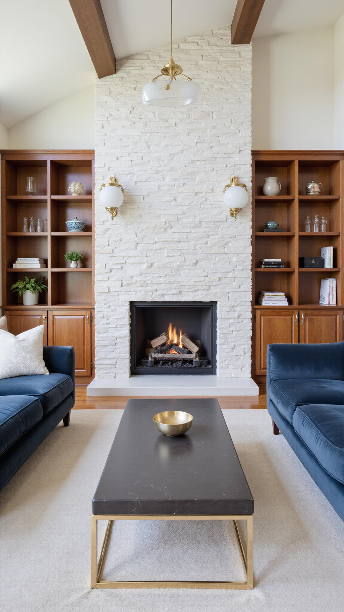 Symmetrical two-story family room with stacked quartzite fireplace, walnut built-ins, matching slate blue velvet sofas, and brass lighting in soft natural light.