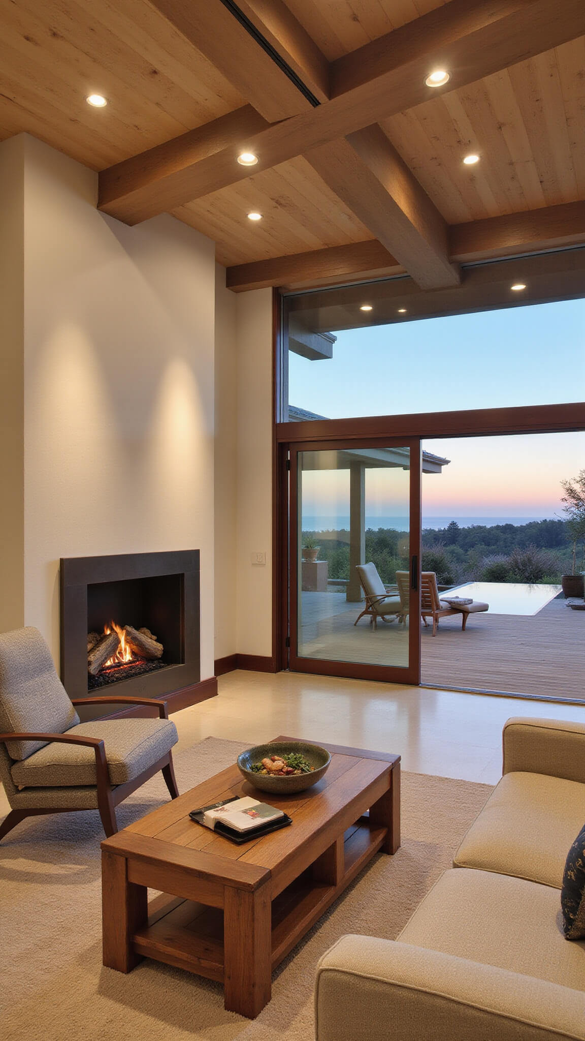 Sunset view of a great room with see-through fireplace and open glass doors connecting to a covered patio, featuring teak and aluminum furniture in a coastal palette under golden hour light.