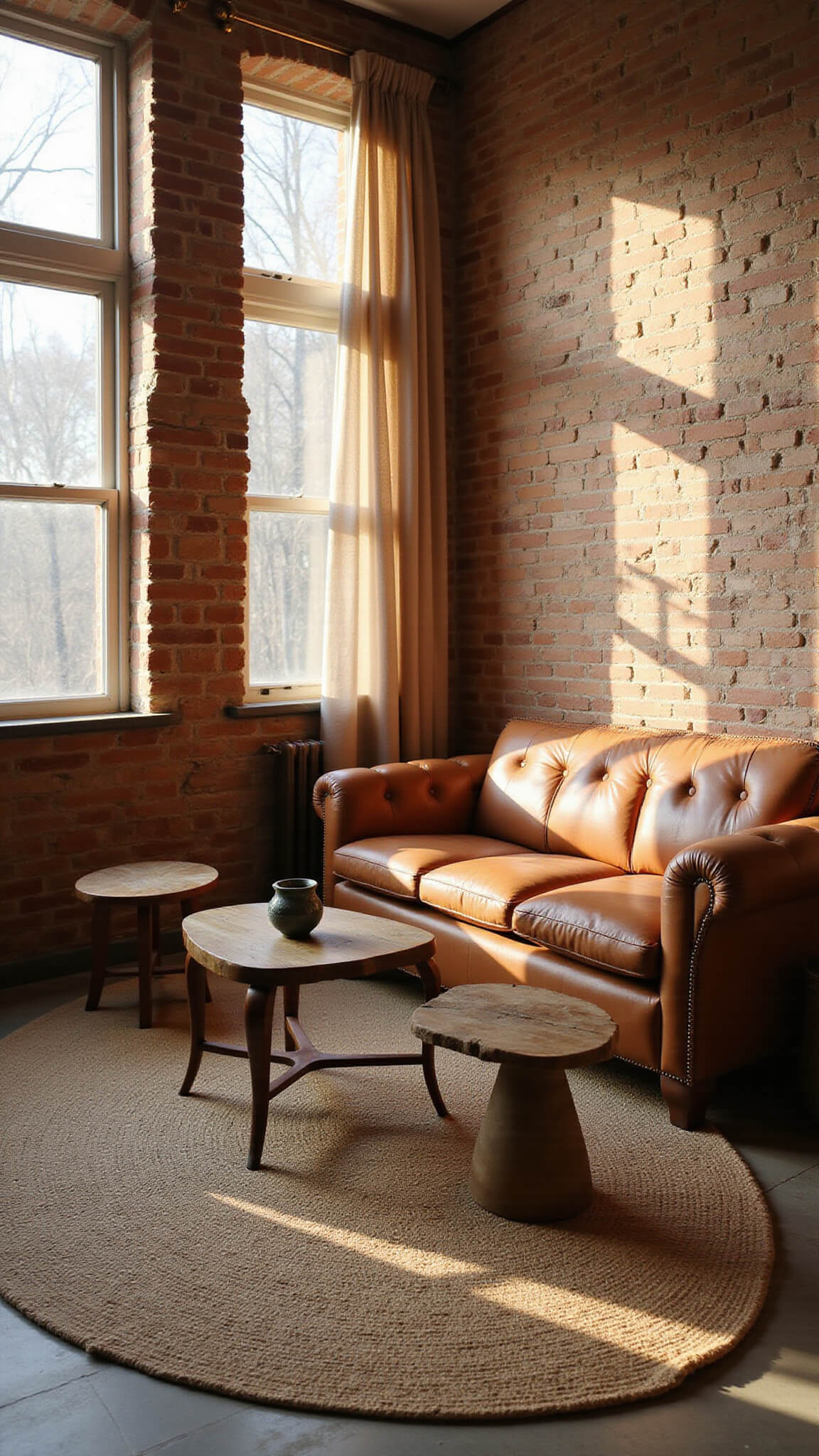 Warm, sunlit living room with exposed brick walls, a weathered leather Chesterfield sofa, mismatched vintage tables, jute rug, and textured ceramics.