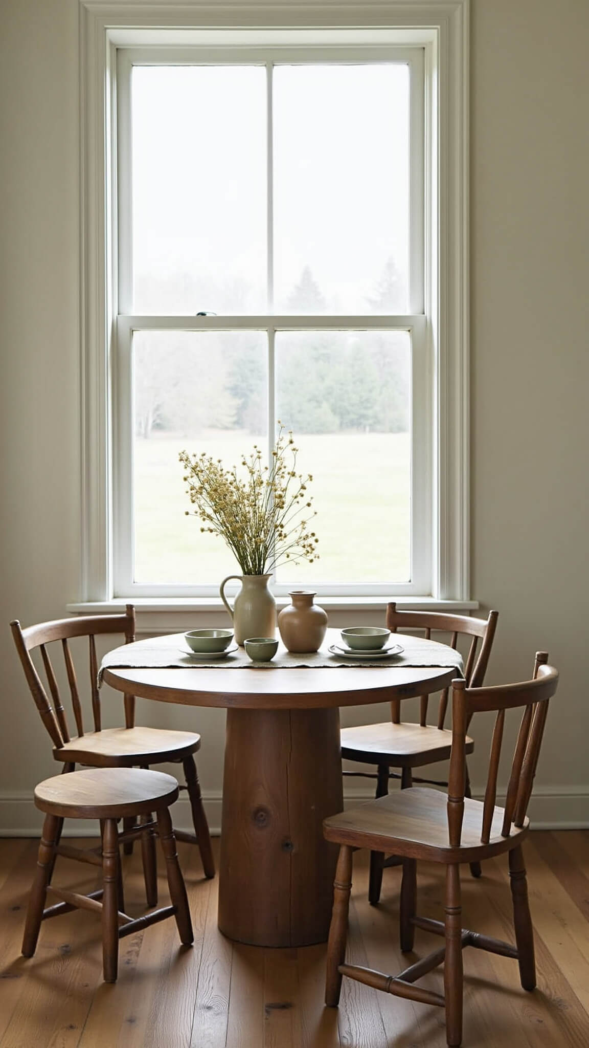 Intimate breakfast nook with round salvaged wood table, mismatched wooden chairs, handmade ceramics, and wildflowers in morning light.