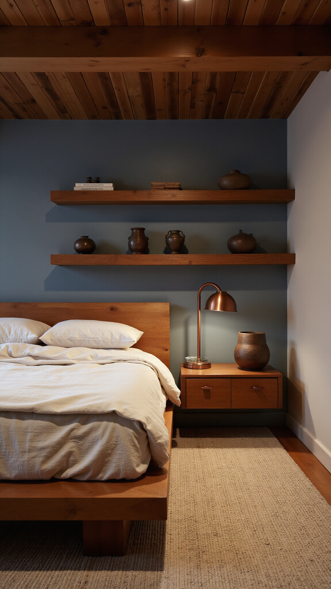 Serene 12x14ft bedroom at blue hour with unmilled wood beam ceiling, platform bed in rumpled natural linen, hand-loomed wool carpet, aged copper lamp, and wabi-sabi pottery on floating shelves.