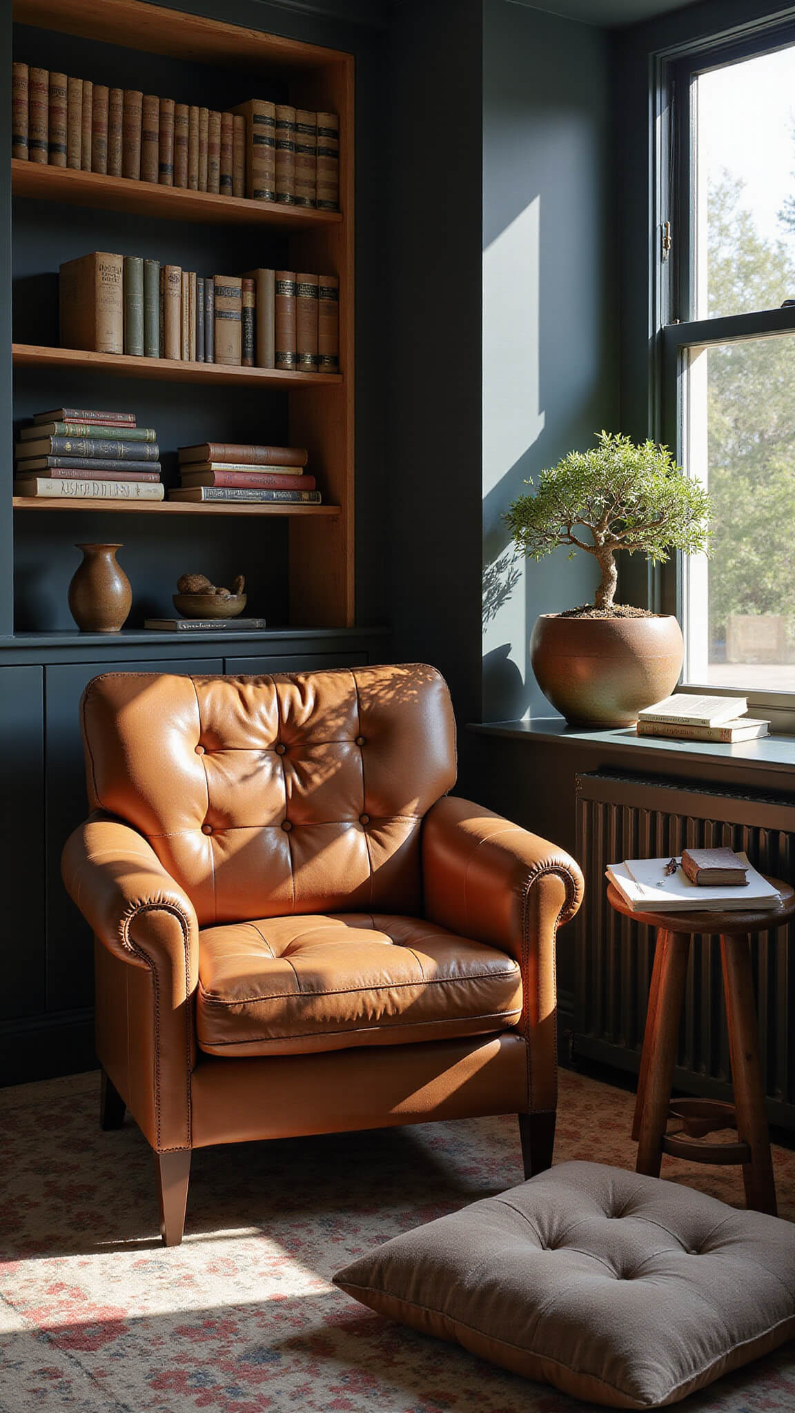 Cozy 6x8ft reading nook with vintage leather armchair, handcrafted wooden bookshelf, stack of timeworn books, bonsai in ceramic planter, and raw silk floor cushion bathed in afternoon light with dramatic shadows.