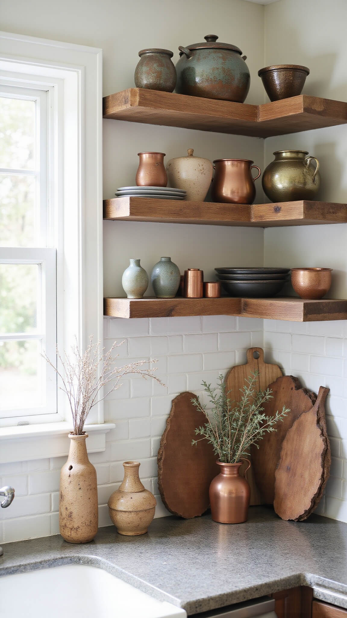 Artisan kitchen with reclaimed wood open shelves, handmade pottery, copper pots, raw edge cutting boards, and stone countertop in morning light.