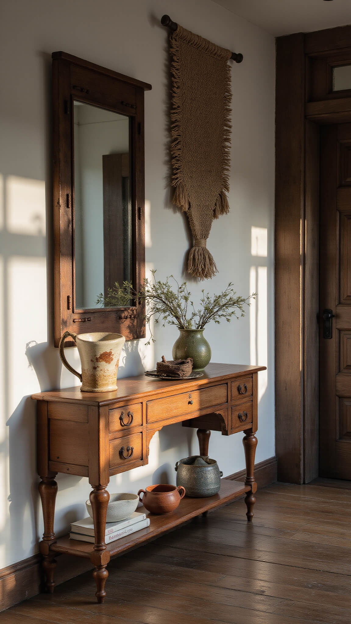 Straight-on view of a 5x8ft entryway in late afternoon light featuring a weathered wooden console with repairs, a ceramic umbrella holder with kiln marks, a vintage tarnished mirror, and a loose-weave natural fiber wall hanging, all bathed in dramatic side lighting.
