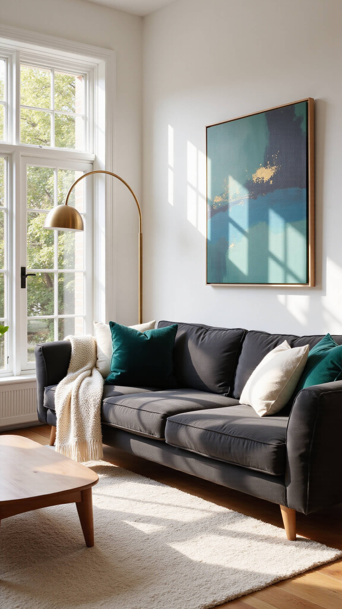 Wide-angle view of a sunlit living room with a charcoal sectional, emerald and cream pillows, abstract wall art, and modern furnishings during golden hour.