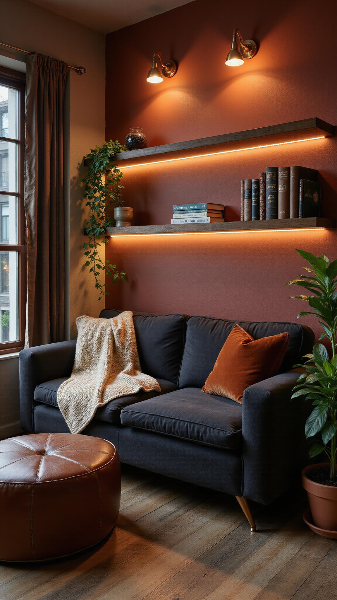 Cozy reading nook at dusk with charcoal loveseat under industrial window, warm copper sconces, terracotta wall, oak floors, vintage ottoman, books, and textured accents.