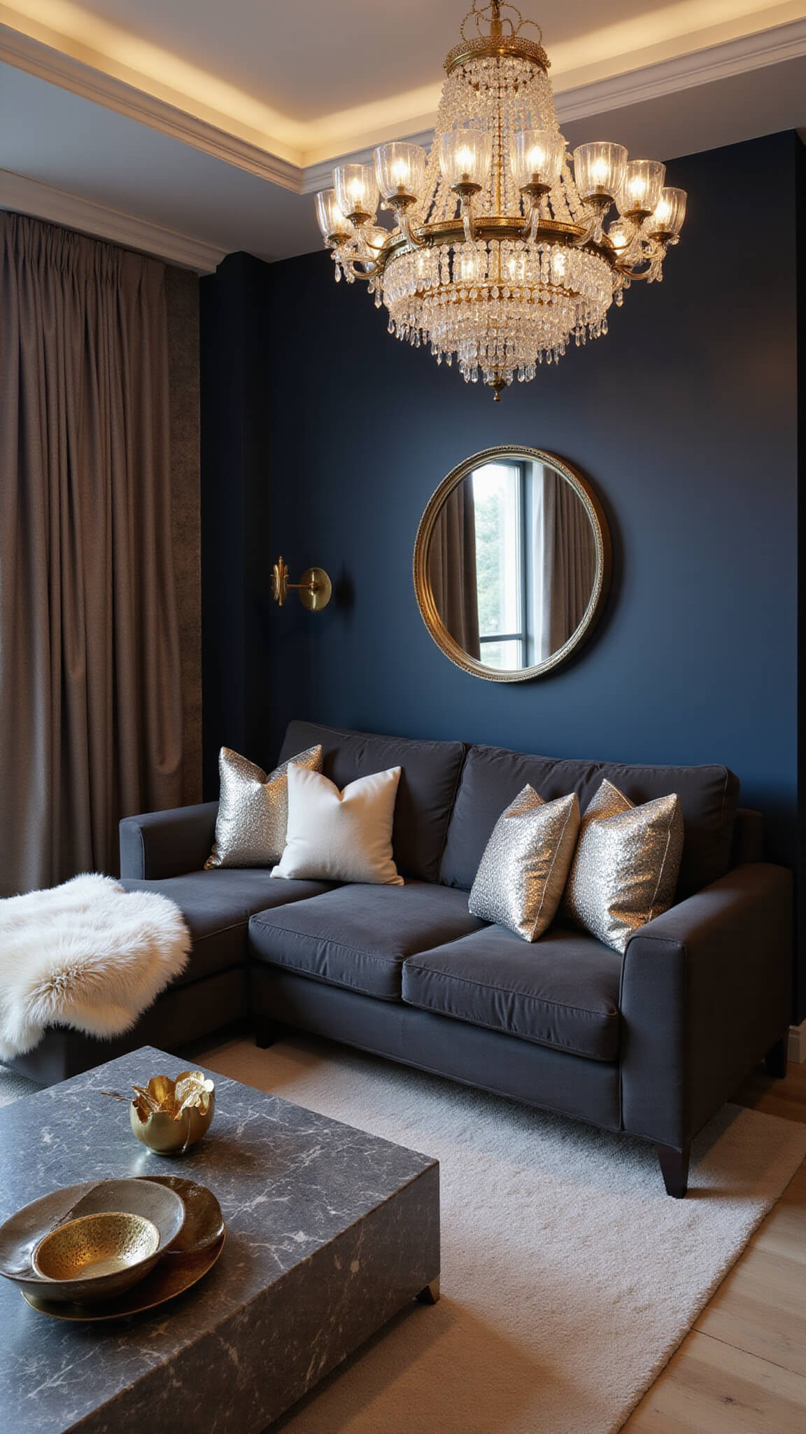 Moody evening view of open-concept space with charcoal L-shaped sofa, navy accent wall, crystal chandelier, marble coffee tables, and luxe metallic decor.