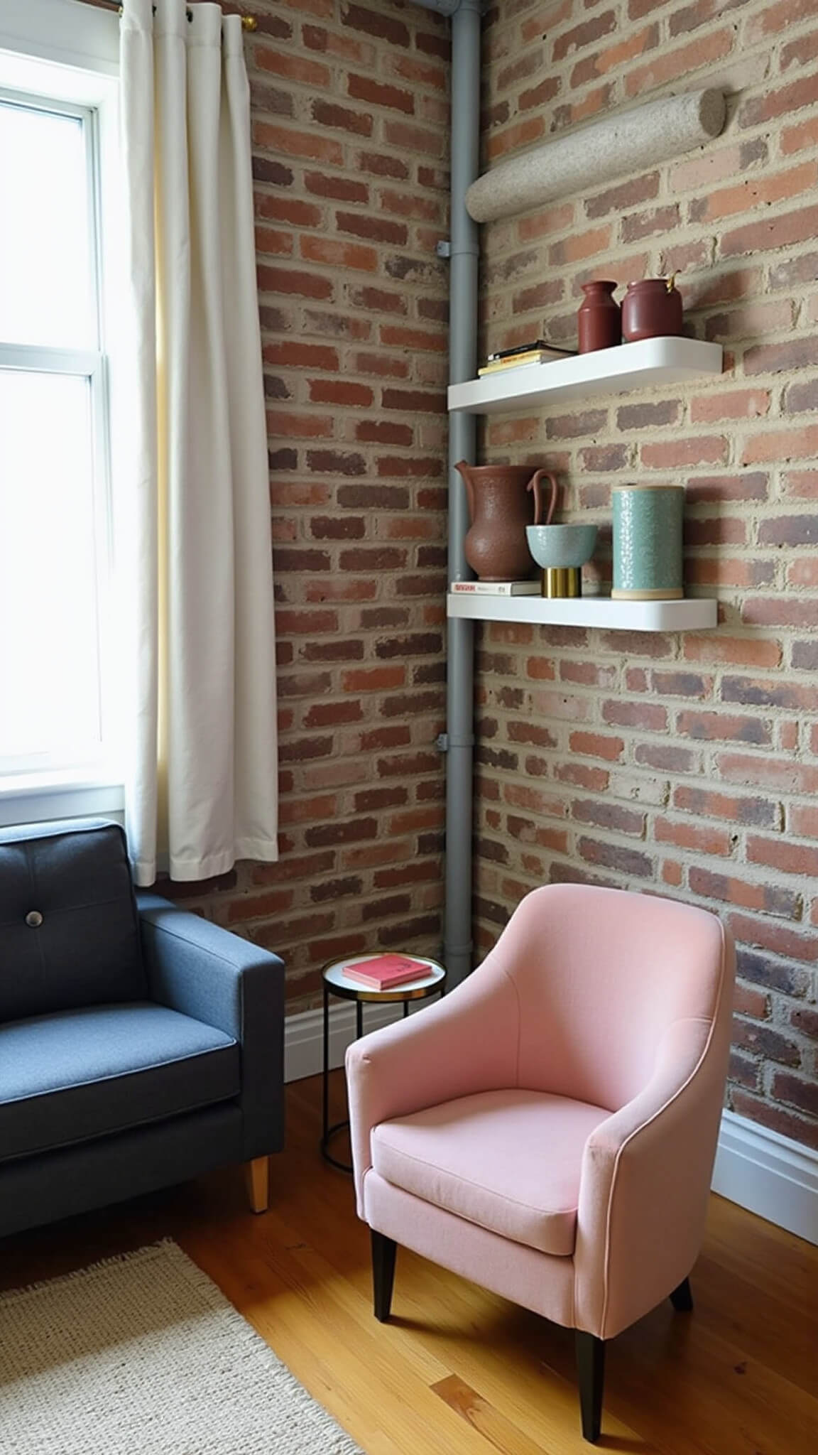 Compact urban apartment with charcoal sofa, blush pink chair, and brass side table against exposed brick wall, diffused morning light through white linen curtains, floating shelves, and jute rug on hardwood floor.