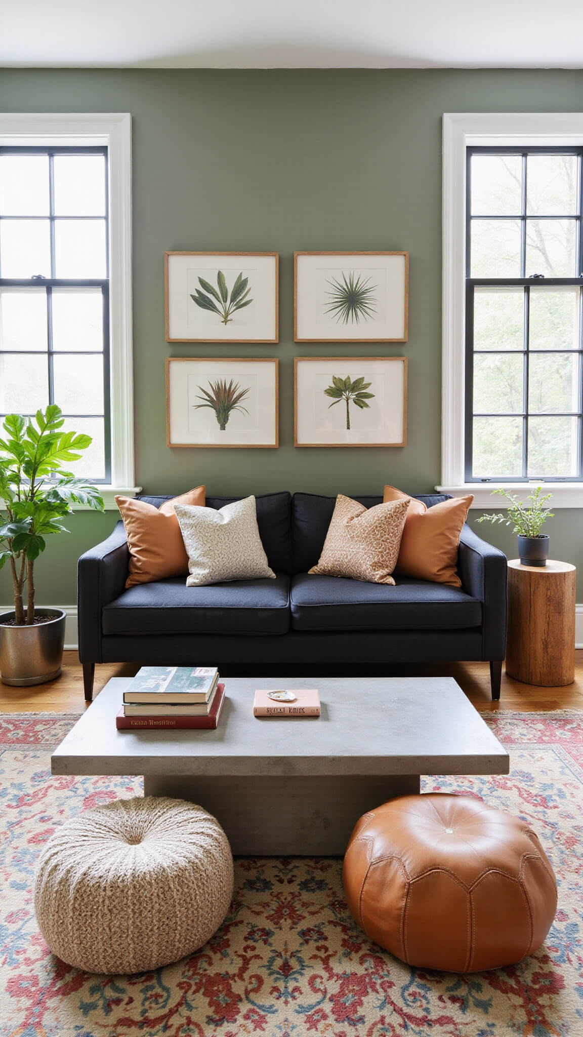 Contemporary living room with charcoal tuxedo sofa, sage green accent wall, botanical prints, mixed material coffee table, vintage rugs, leather poufs, patterned pillows, and fiddle leaf fig in natural light.