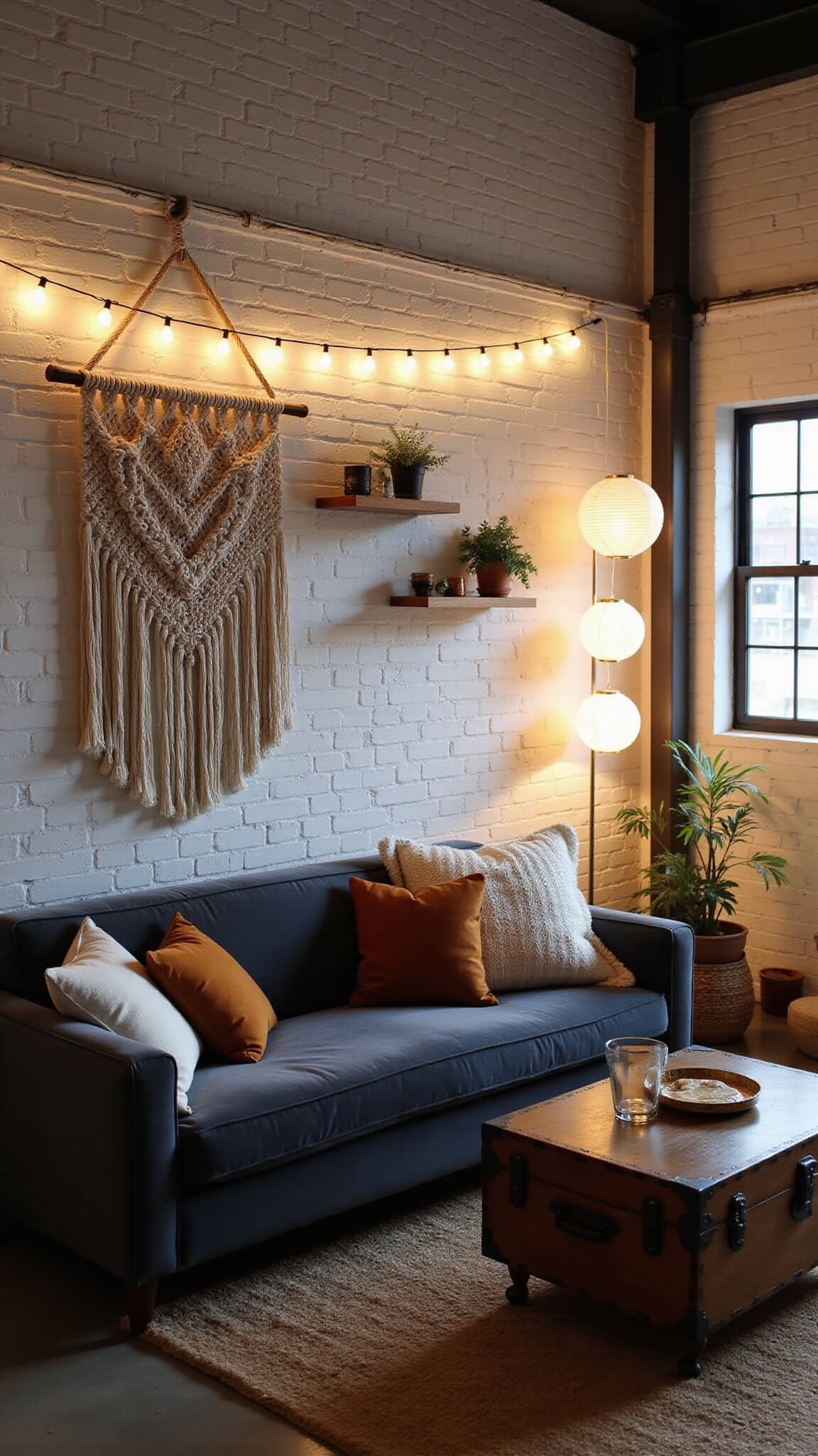 Cozy modern loft with charcoal velvet sofa, macramé wall hanging, copper shelves, and soft twilight lighting from string lights and paper lanterns.