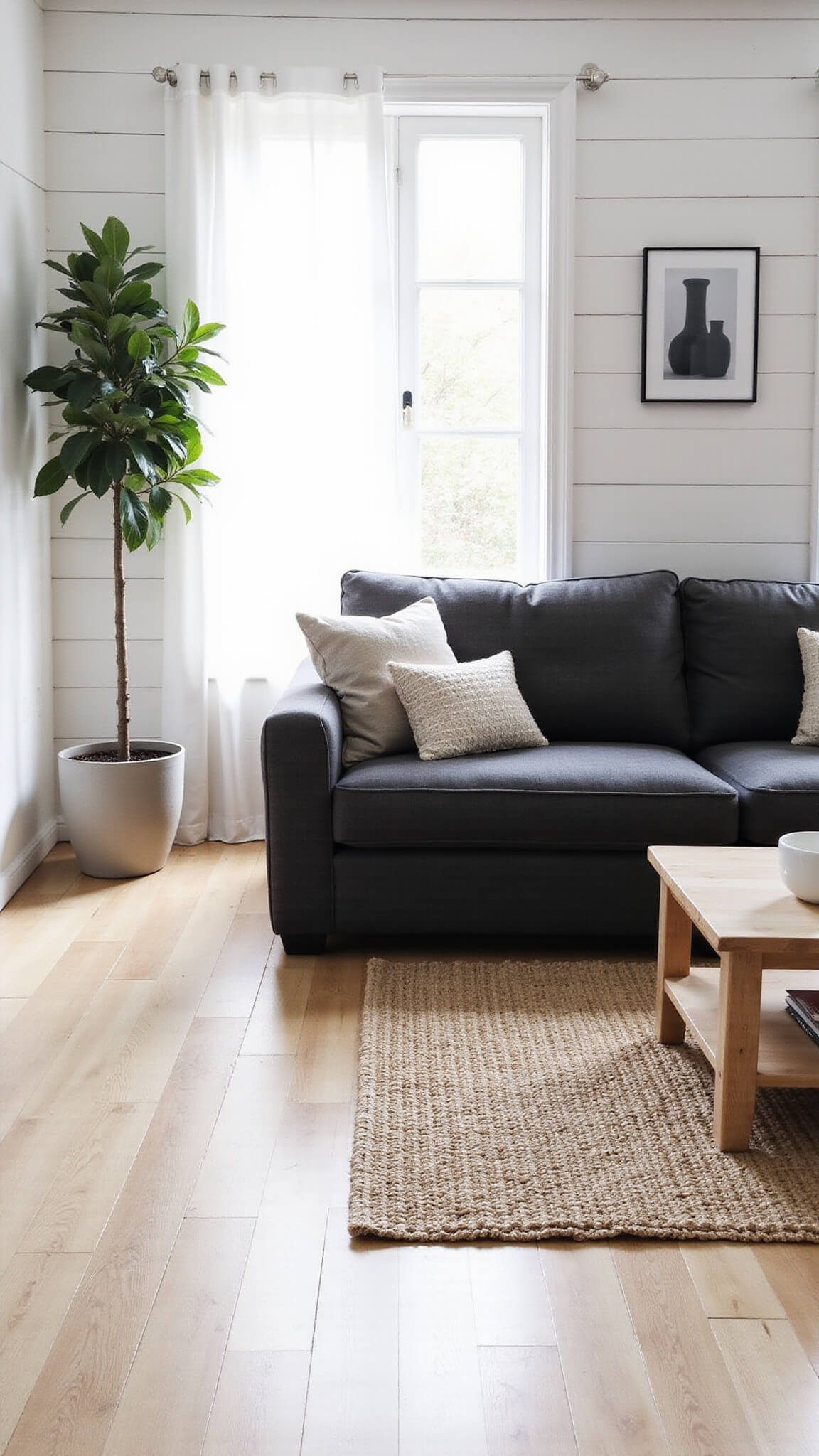 Scandinavian-style room with charcoal bouclé sofa, pale oak floors, white shiplap walls, and morning sunlight filtering through sheer linen curtains.