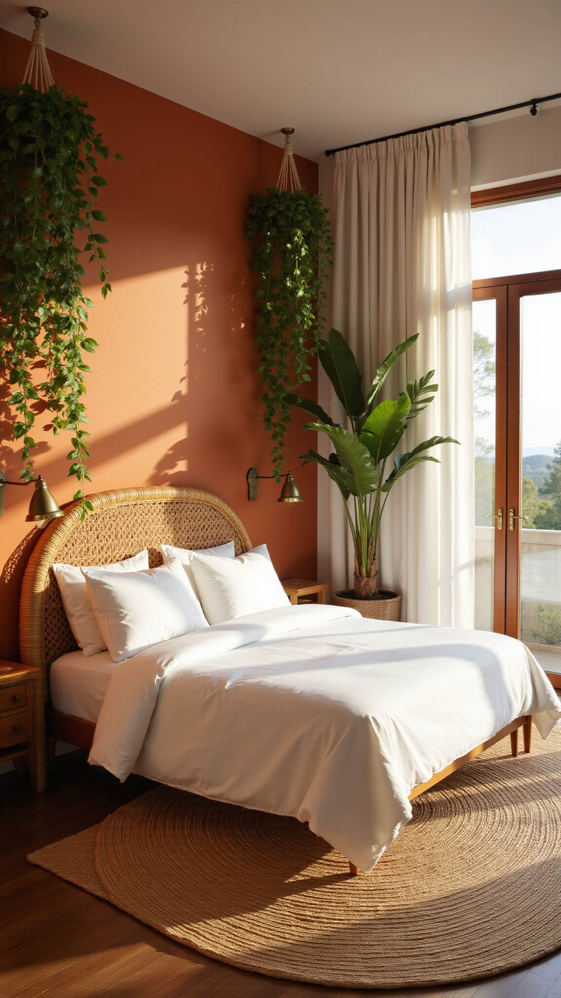 Sunlit tropical-modern bedroom with terracotta accent wall, rattan bed, lush hanging plants, and floor-to-ceiling windows at golden hour.
