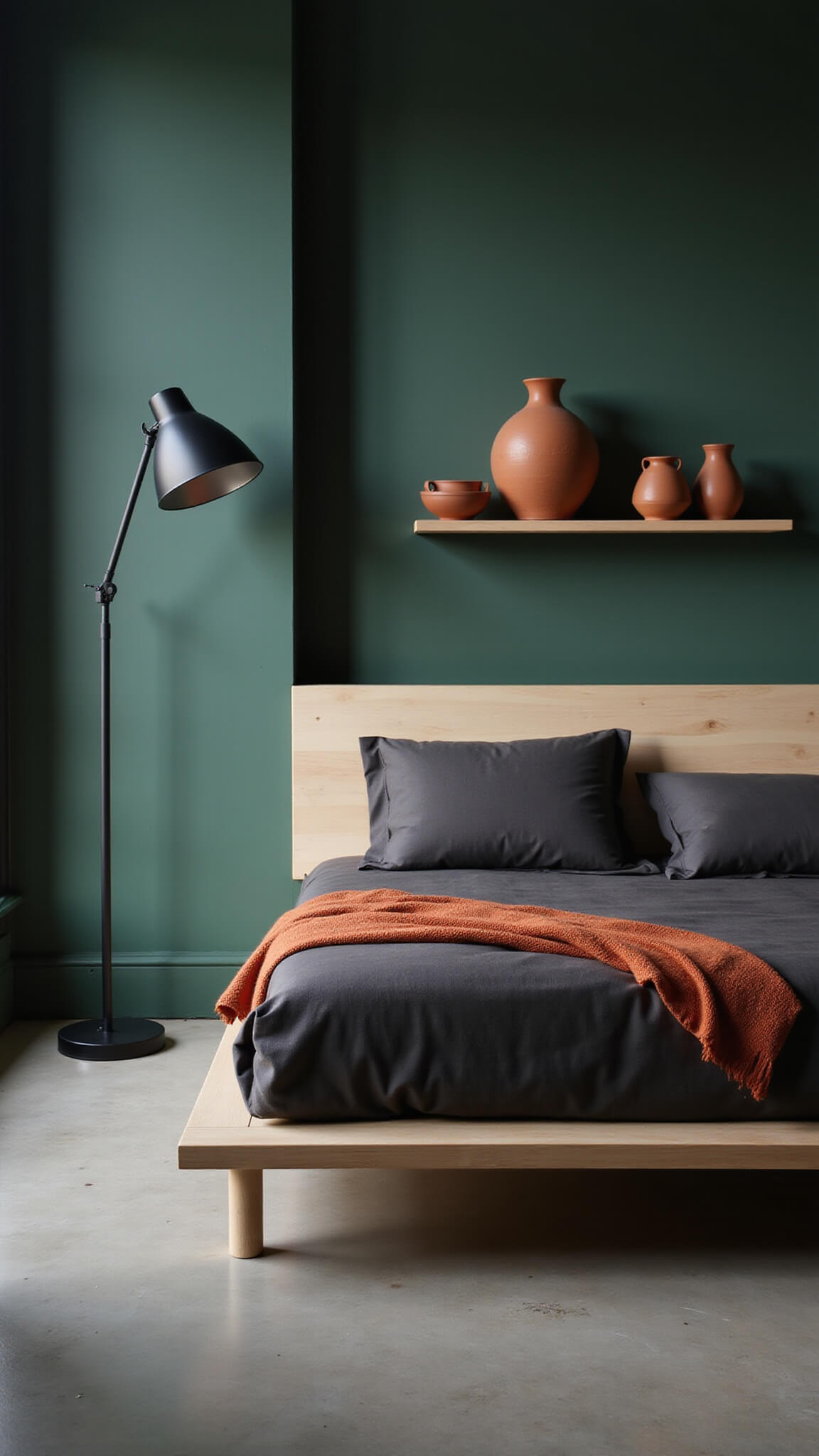Minimalist 12x14ft bedroom with deep green walls, bleached oak platform bed, charcoal bedding, black floor lamp, terracotta ceramics on shelves, and polished concrete floors in dawn light.