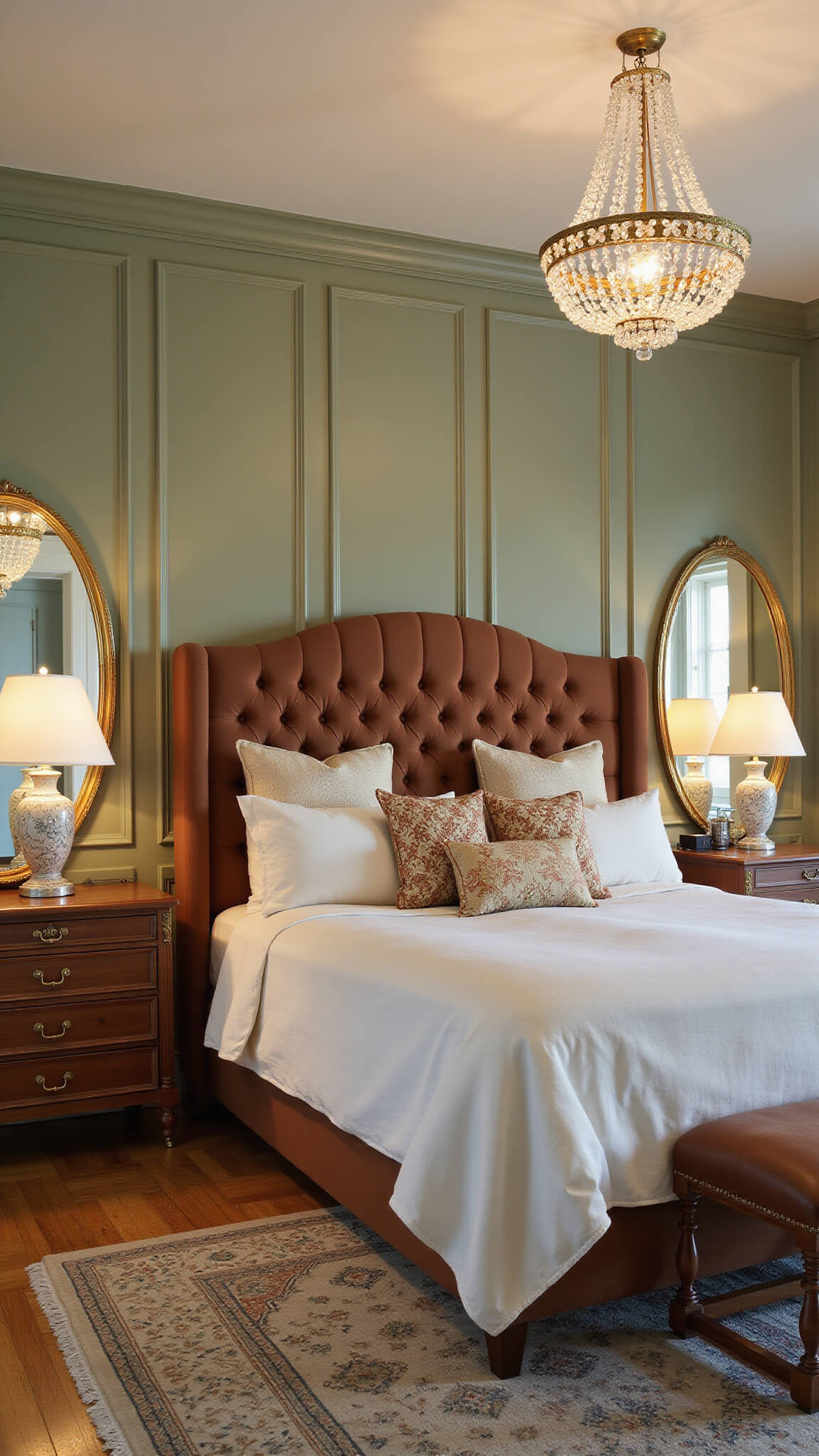 Elegant master bedroom with sage green paneled walls, burnt sienna velvet headboard, ivory bedding, crystal chandelier, gilded mirrors, and herringbone hardwood floors with Persian rug, photographed during blue hour.