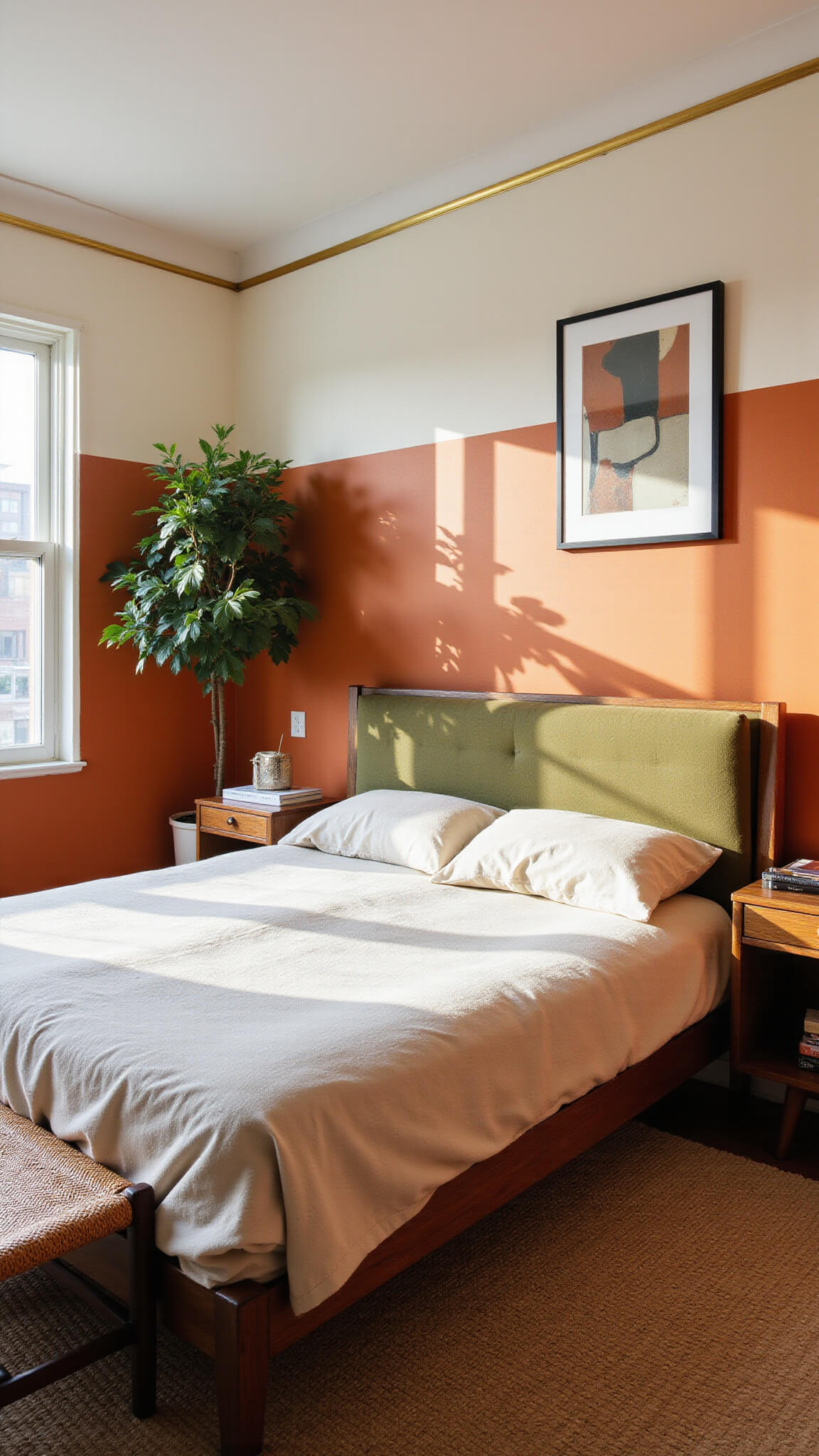 Corner view of urban bedroom with terracotta and cream walls, mid-century walnut bed with olive green upholstery, fiddle leaf fig, abstract art, and woven leather bench.