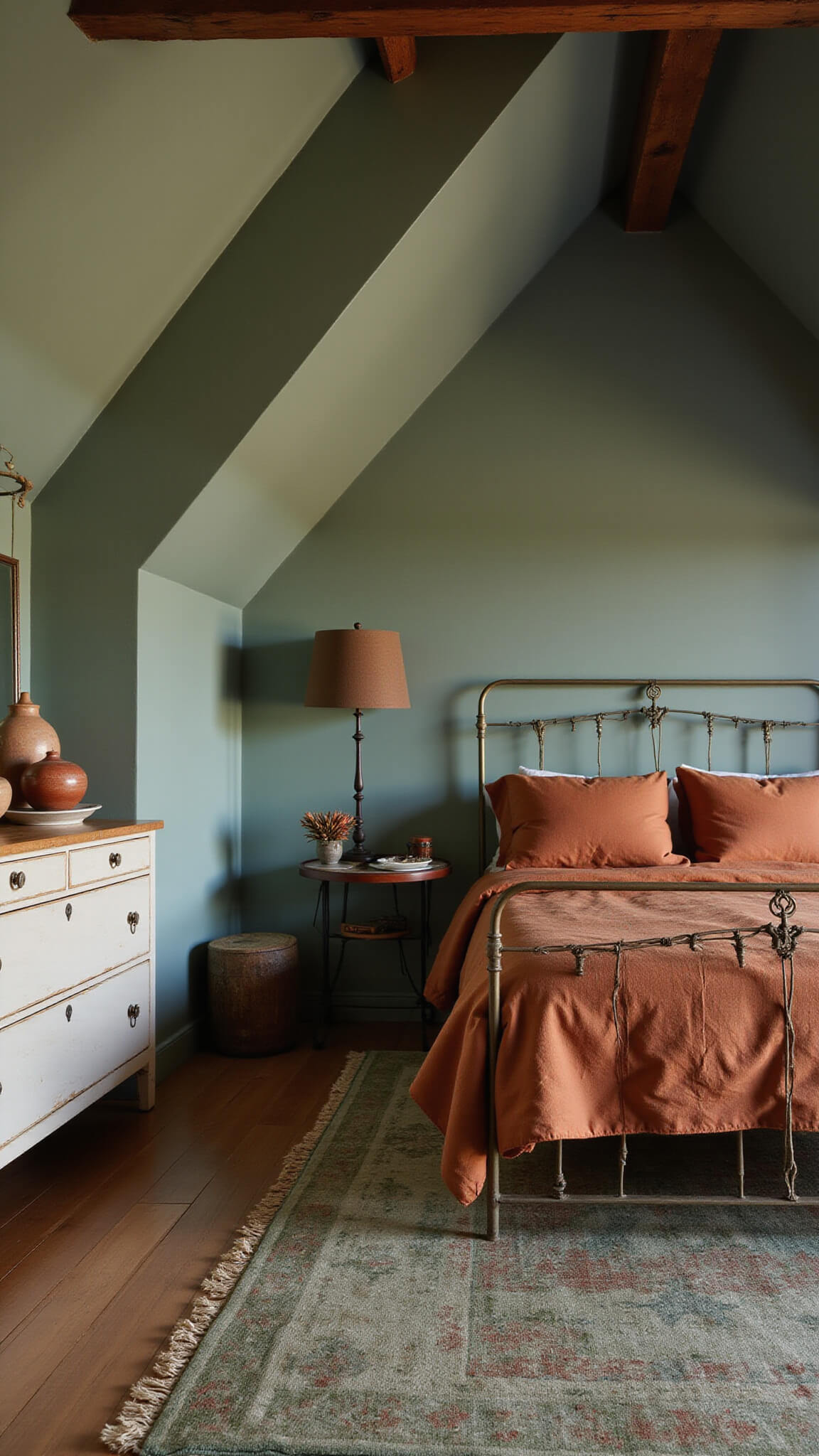 Cozy 12x12ft bedroom at dusk with sage walls, vintage brass bed in terracotta linens, Moroccan rug, antique dresser with terracotta pottery, and exposed wooden beams.