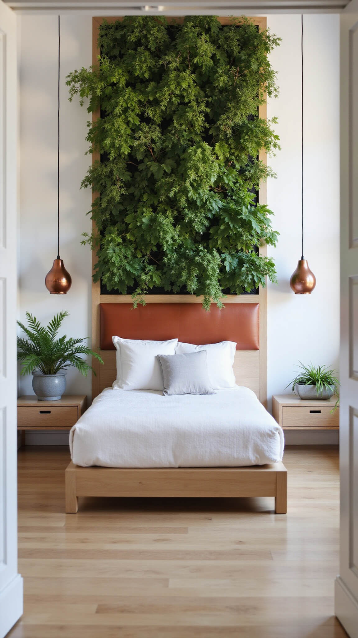 Modern 14x16ft bedroom with vertical garden wall, platform bed, terracotta leather headboard, geometric copper pendant lights, and white oak flooring.