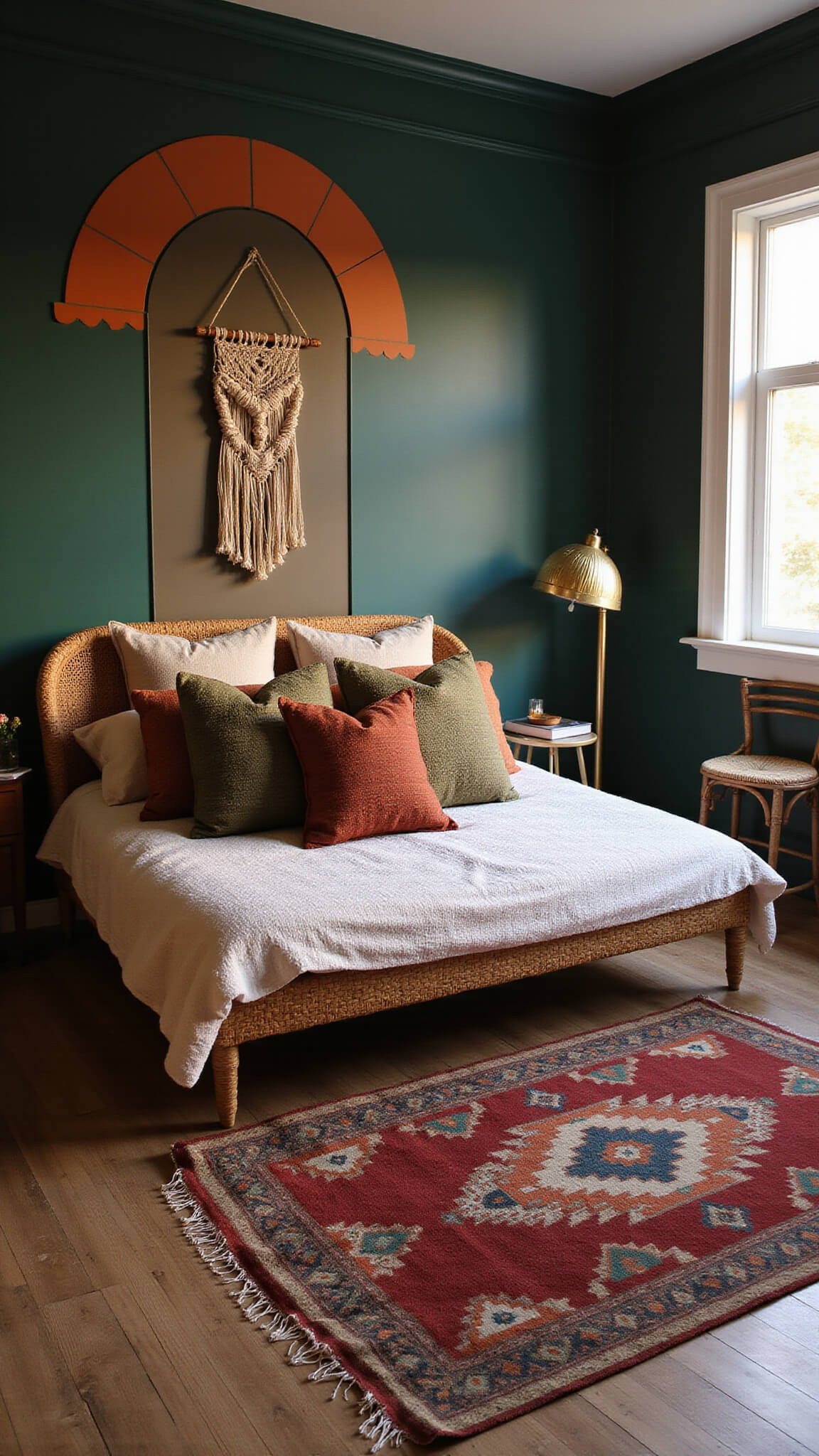 Bohemian bedroom with dark emerald walls, terracotta arch motifs, rattan bed with textured pillows, layered kilim rugs, brass palm lamp, and macramé wall art at sunset.