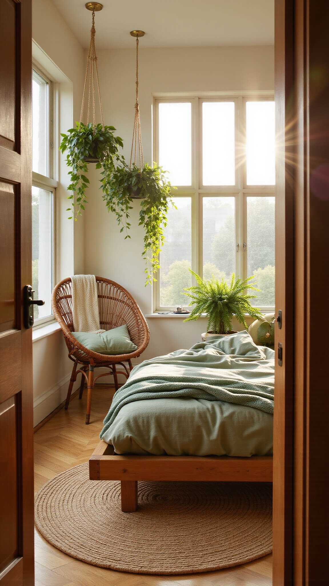 Sunlit 14x16ft bedroom with sage green bedding, rattan peacock chair, cascading plants, and jute rug over bamboo floor, viewed from doorway at golden hour.