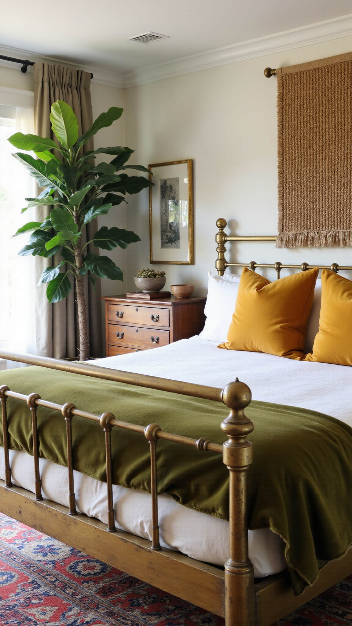 Cozy bedroom corner with brass bed, olive green comforter, mustard pillows, fiddle leaf fig, and antique dresser in soft morning light.