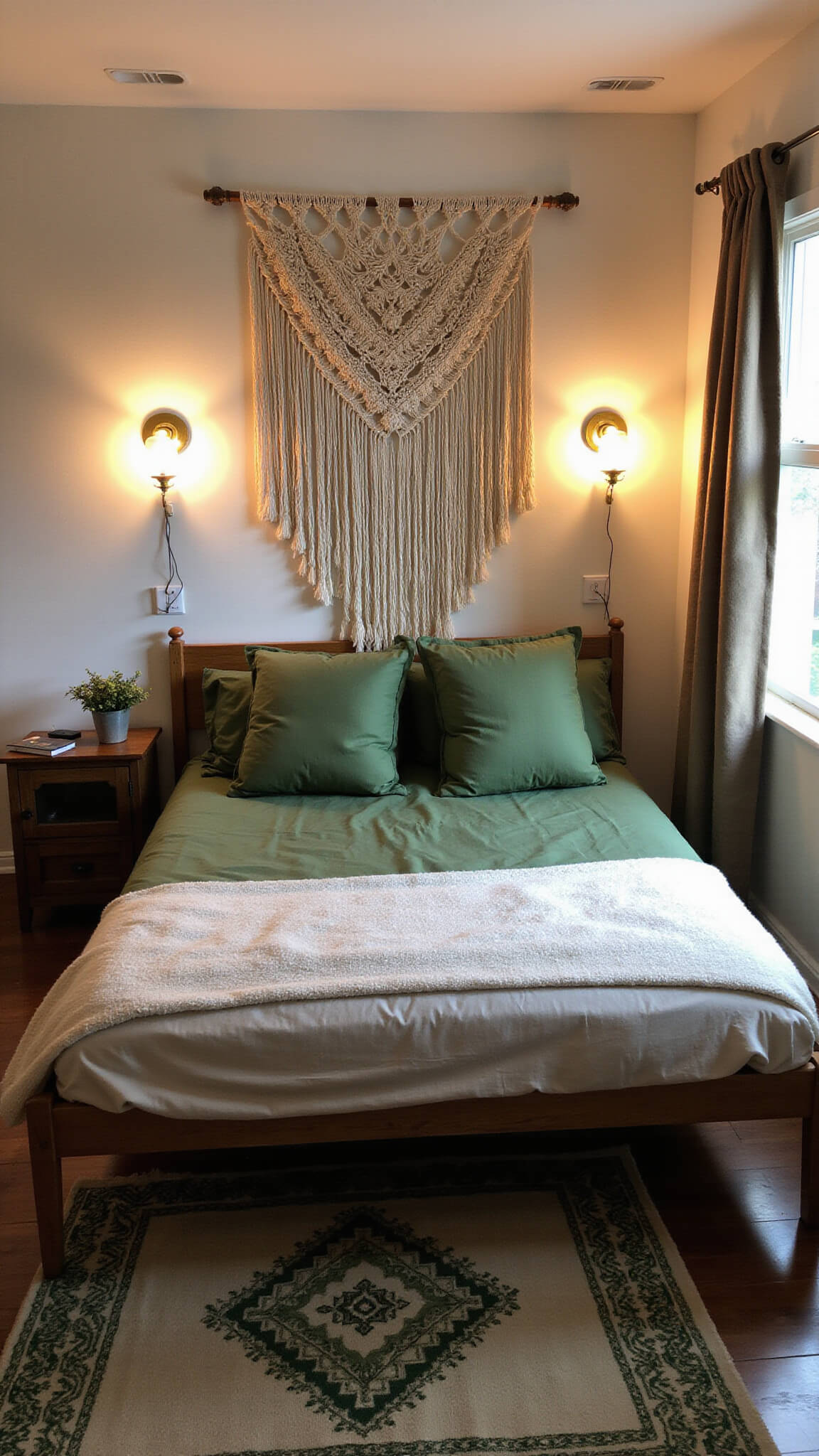 Cozy 12x14ft bedroom at dusk with warm brass sconce lighting, green-toned bed, macramé wall hanging above headboard, and cream Moroccan rug with green patterns.
