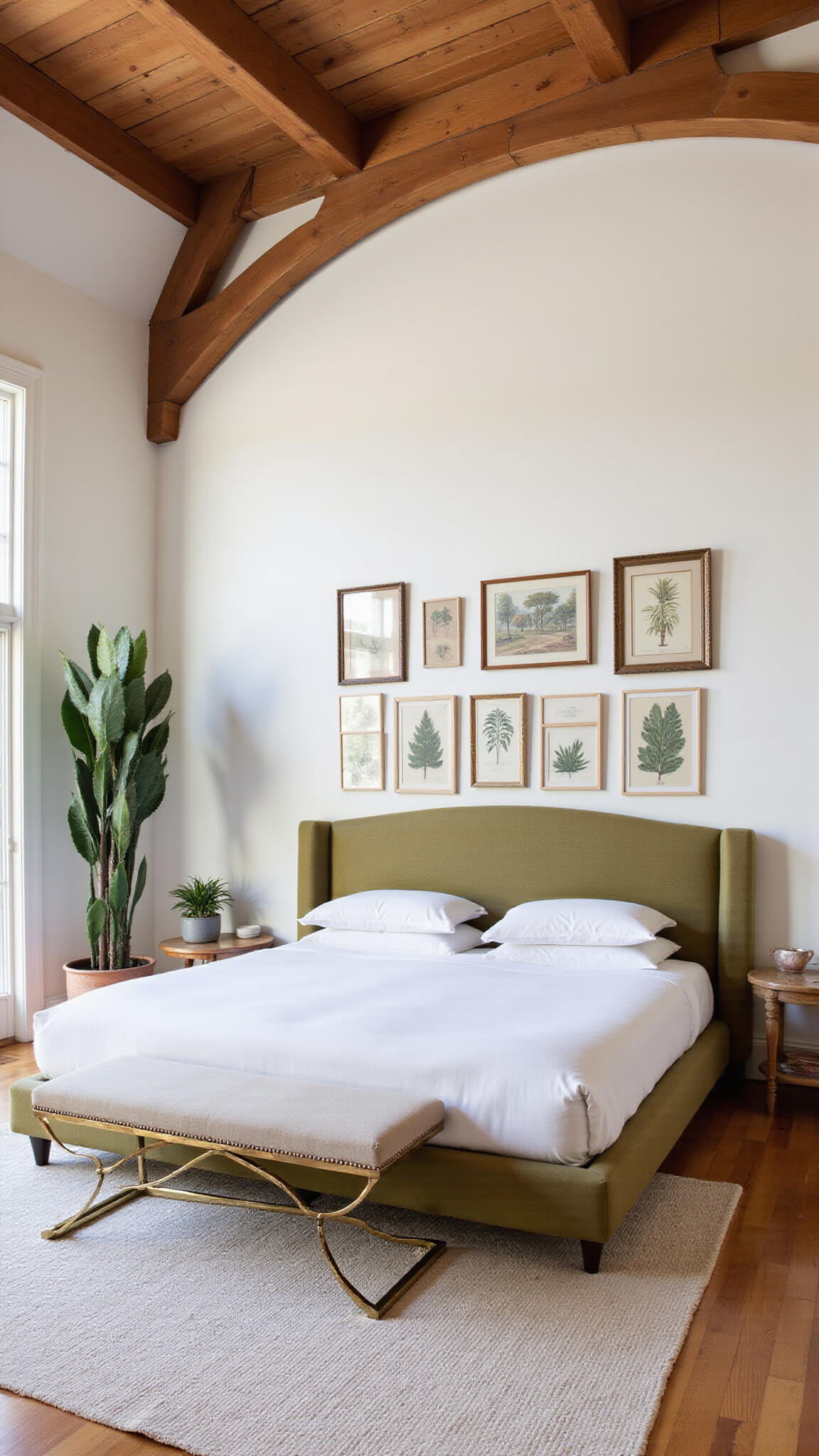 Modern bohemian bedroom with California king bed, green linen headboard, vintage botanical gallery wall, exposed wooden beams, and large snake plant in ceramic pot.