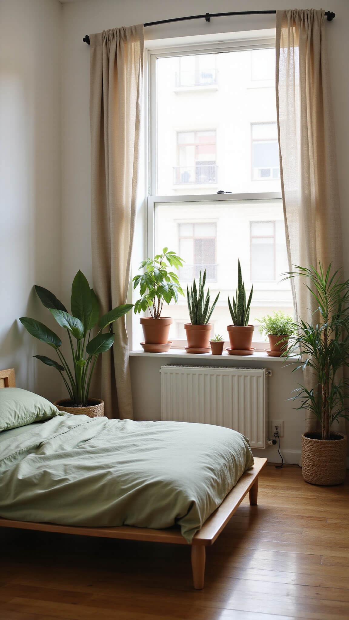 Minimalist boho bedroom with low Japanese-style bed, sage green bedding, sheer linen curtains, and potted plants in natural light.