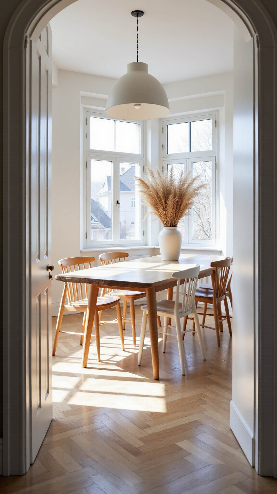 Scandinavian dining room with white oak herringbone floors, organic blonde oak table, mix-matched wishbone chairs, and morning light streaming through tall windows.