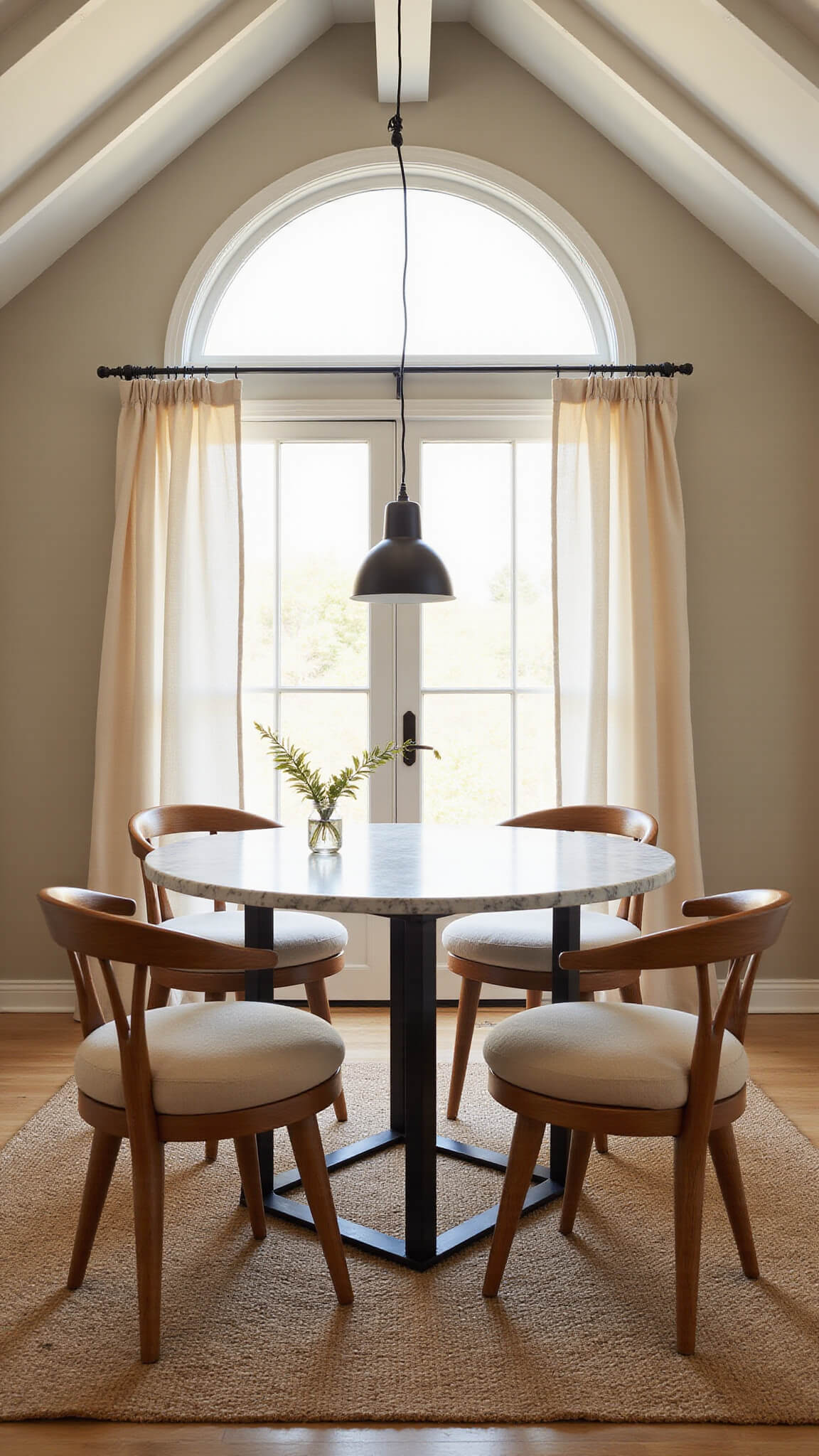 Warm golden-hour dining space with exposed beams, round marble table, curved oak chairs, sheer curtains, and dramatic lighting.
