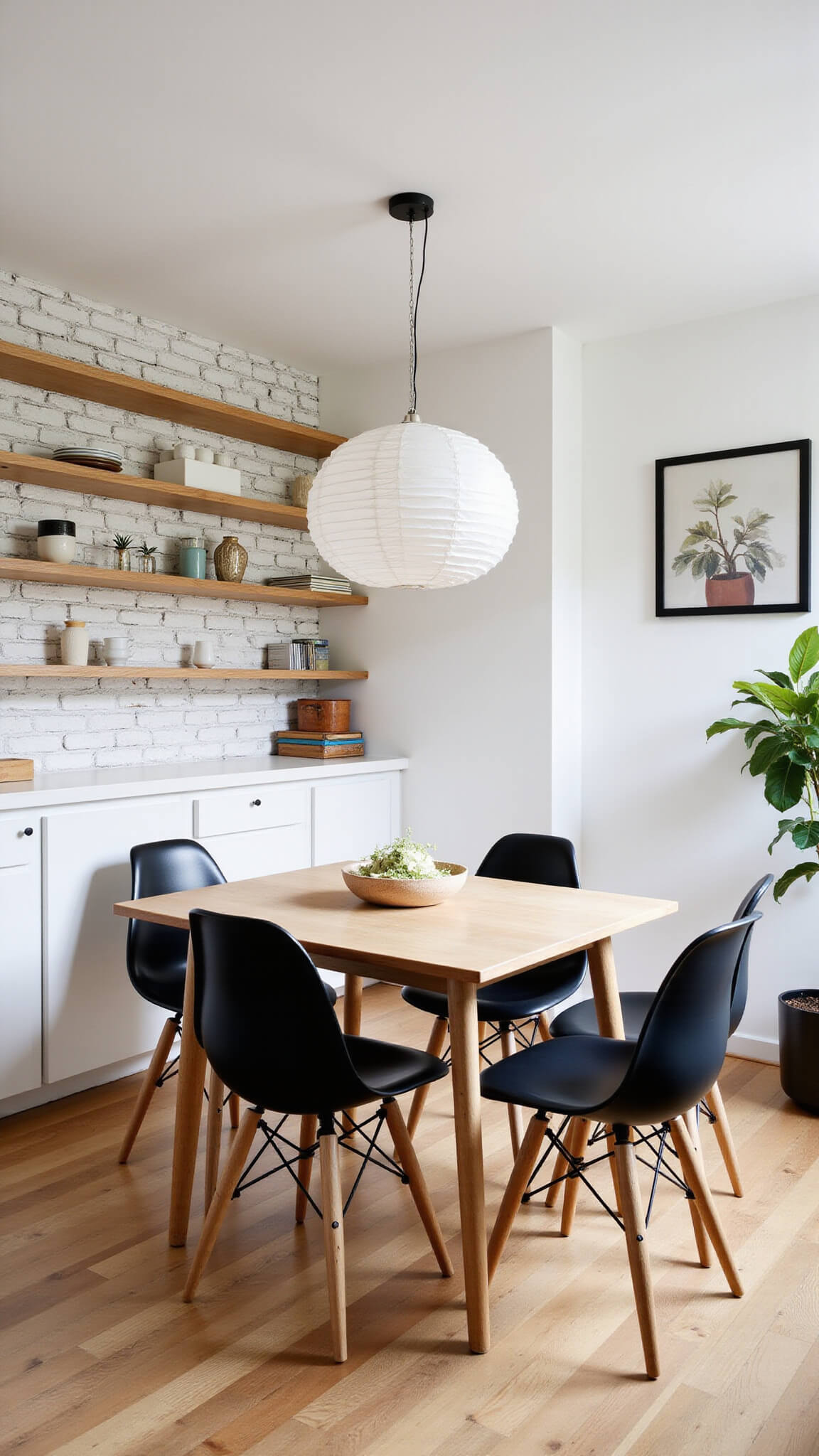 Cozy 12x12ft dining nook with oak table, mixed-style chairs, whitewashed brick wall, built-in shelves, fiddle leaf fig, and paper pendant light in soft afternoon glow.