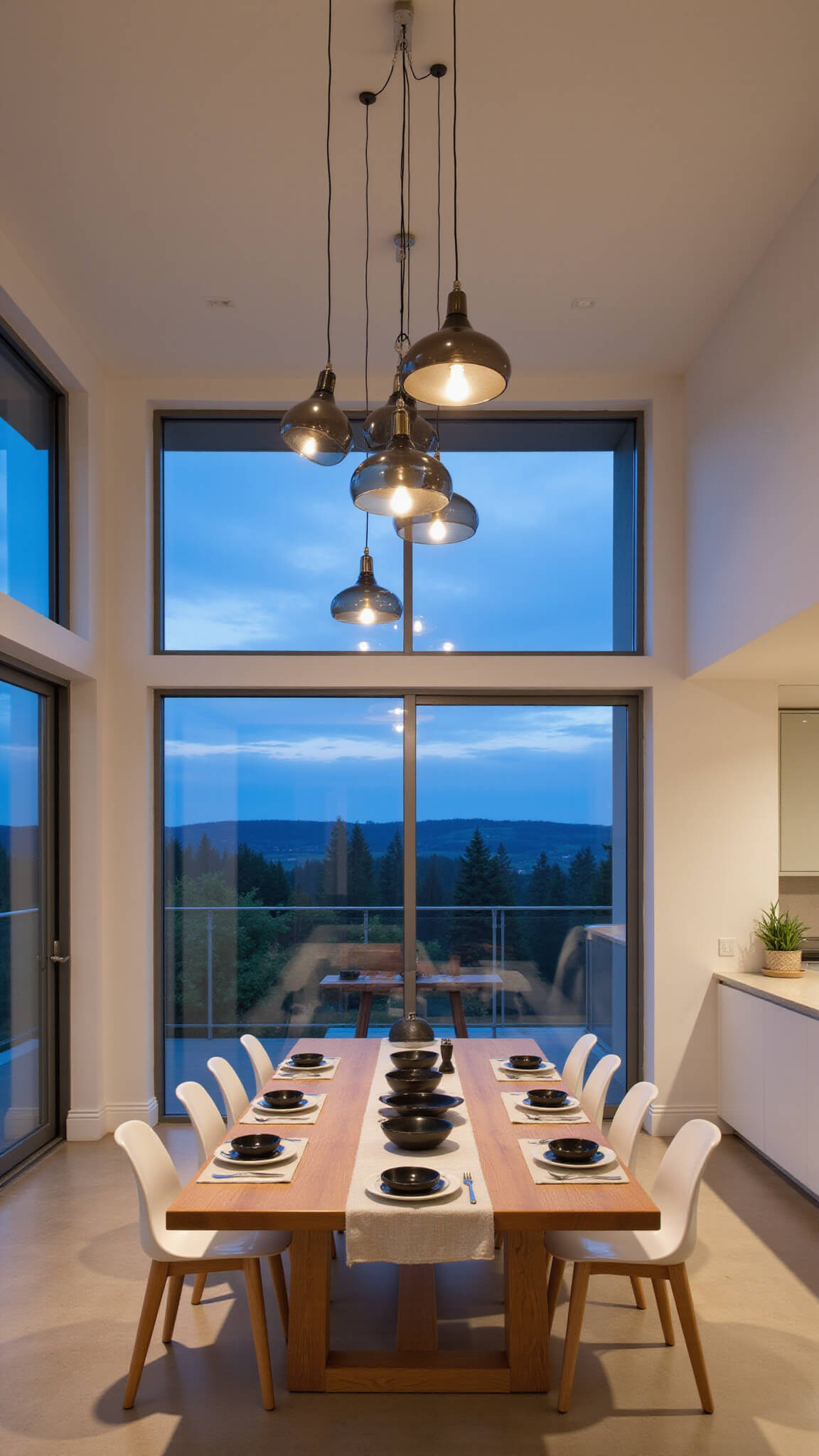 Modern open-concept dining area with bleached oak table, mixed chairs, smokey glass pendant lights, and twilight view through double-height windows.