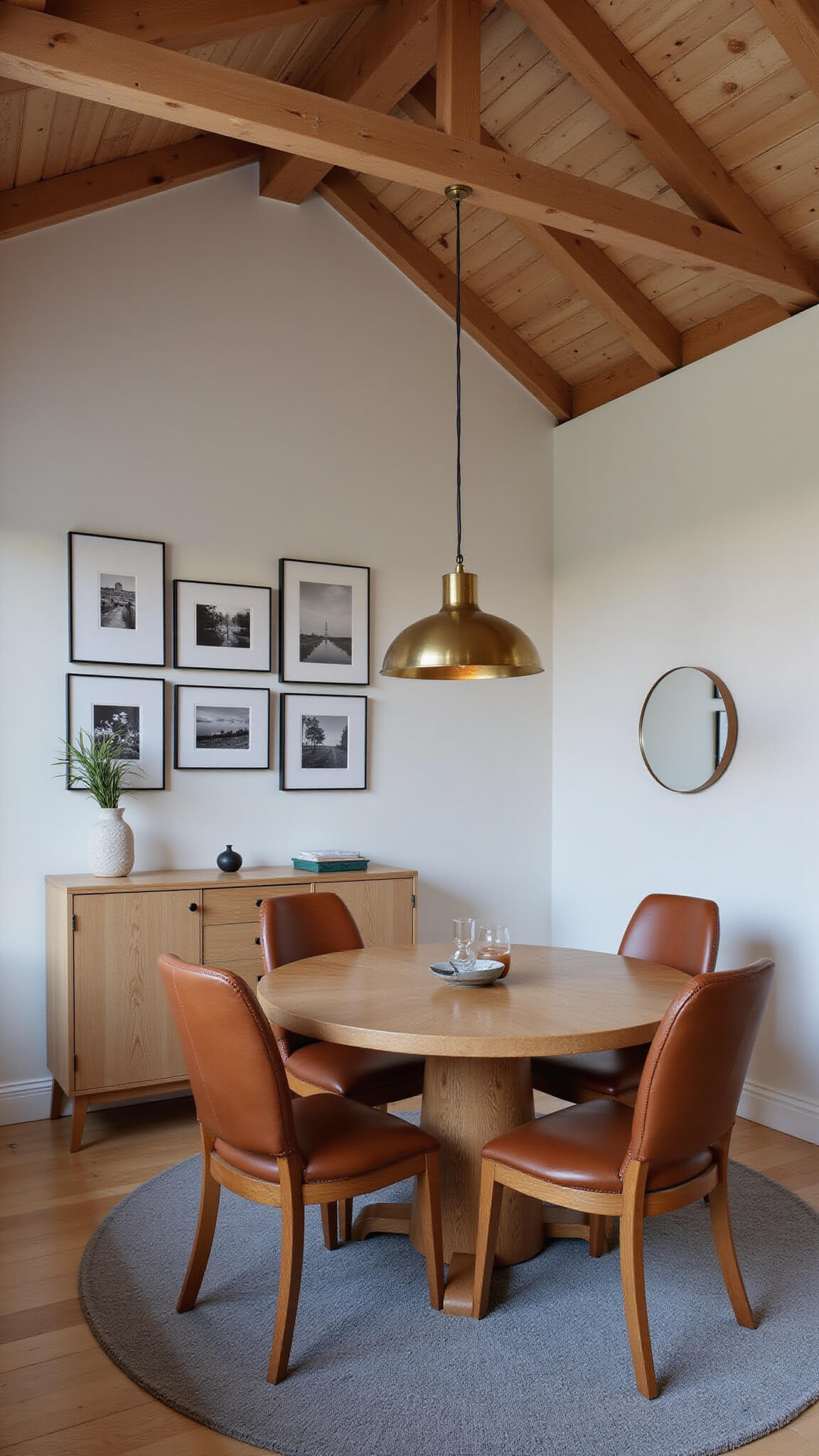 Cozy dining room with round oak table, cognac leather chairs, exposed wood beams, and warm brass pendant lighting at dusk.