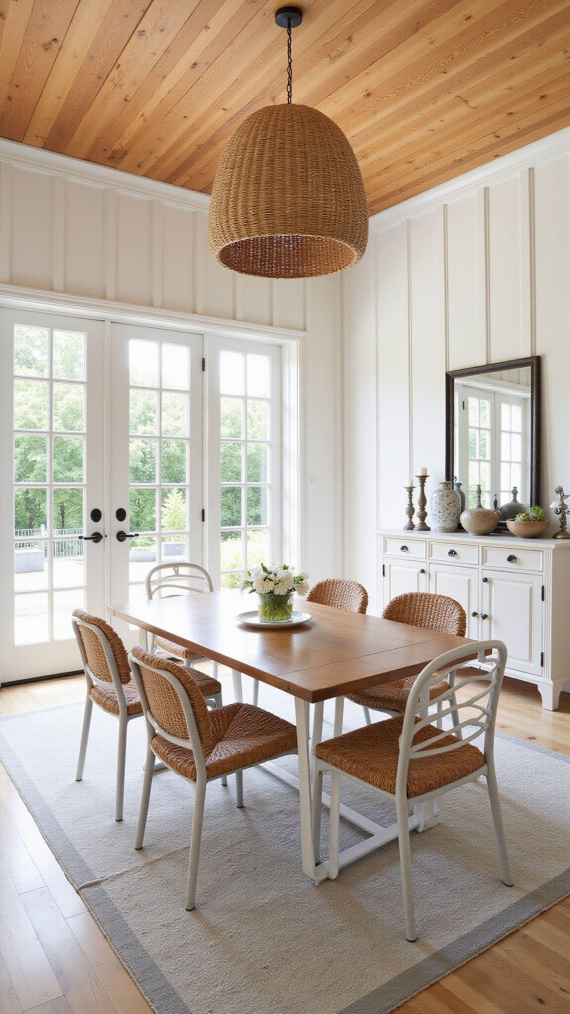Bird's eye view of modern farmhouse dining room with oak ceiling, white paneled walls, rectangular oak and metal table, six woven rush chairs, large woven pendant, and garden-facing French doors.