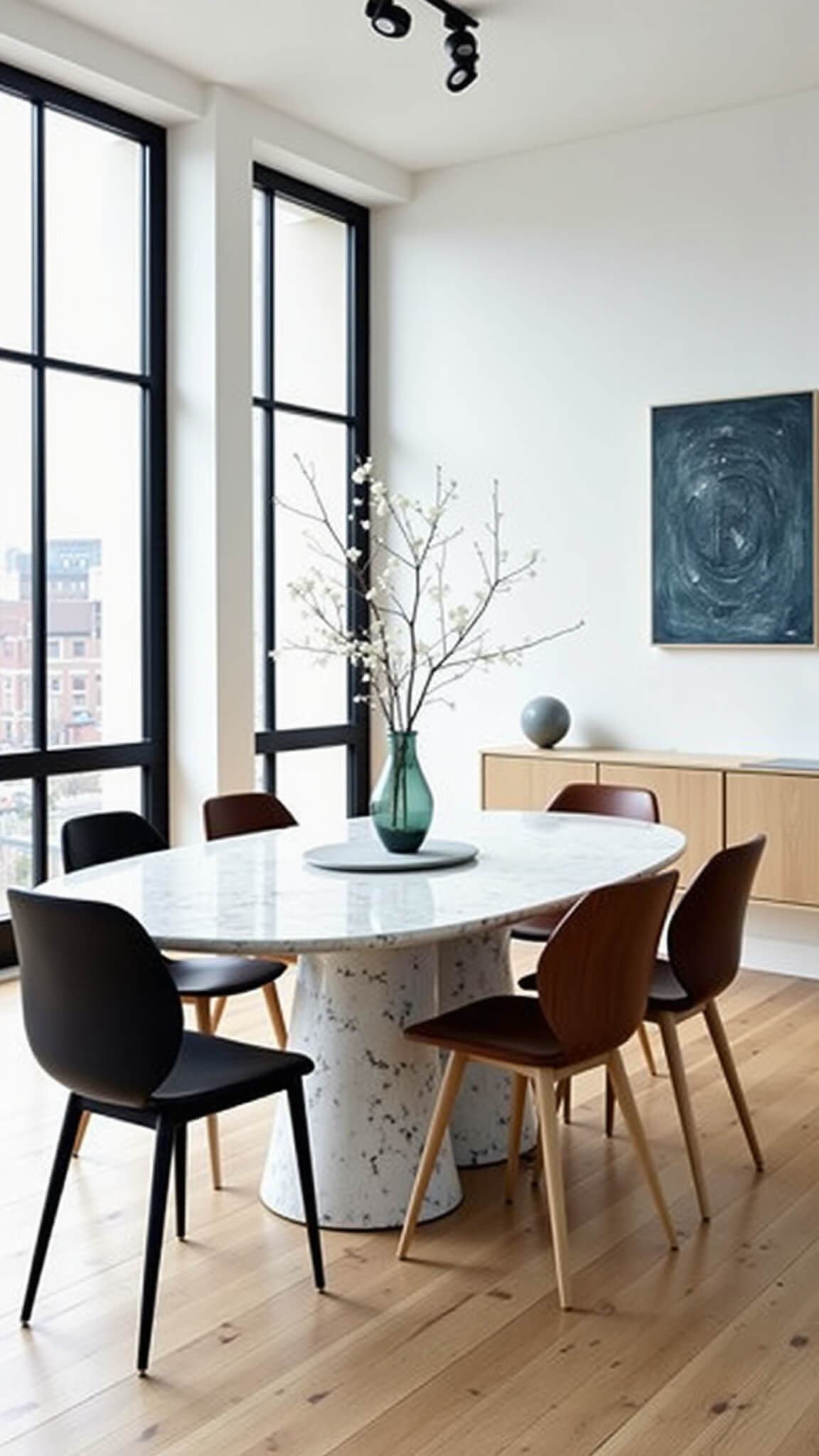 Modern dining room with marble oval table, mixed designer chairs, floor-to-ceiling black-framed windows, abstract artwork, and floating oak sideboard in natural light.