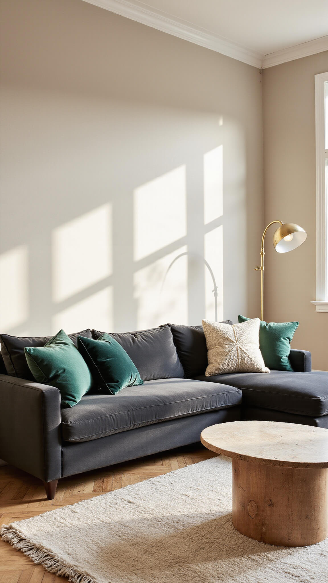 Luxurious living room with charcoal grey velvet sectional, emerald and cream pillows, brass floor lamp, and golden hour light on white oak herringbone floors.