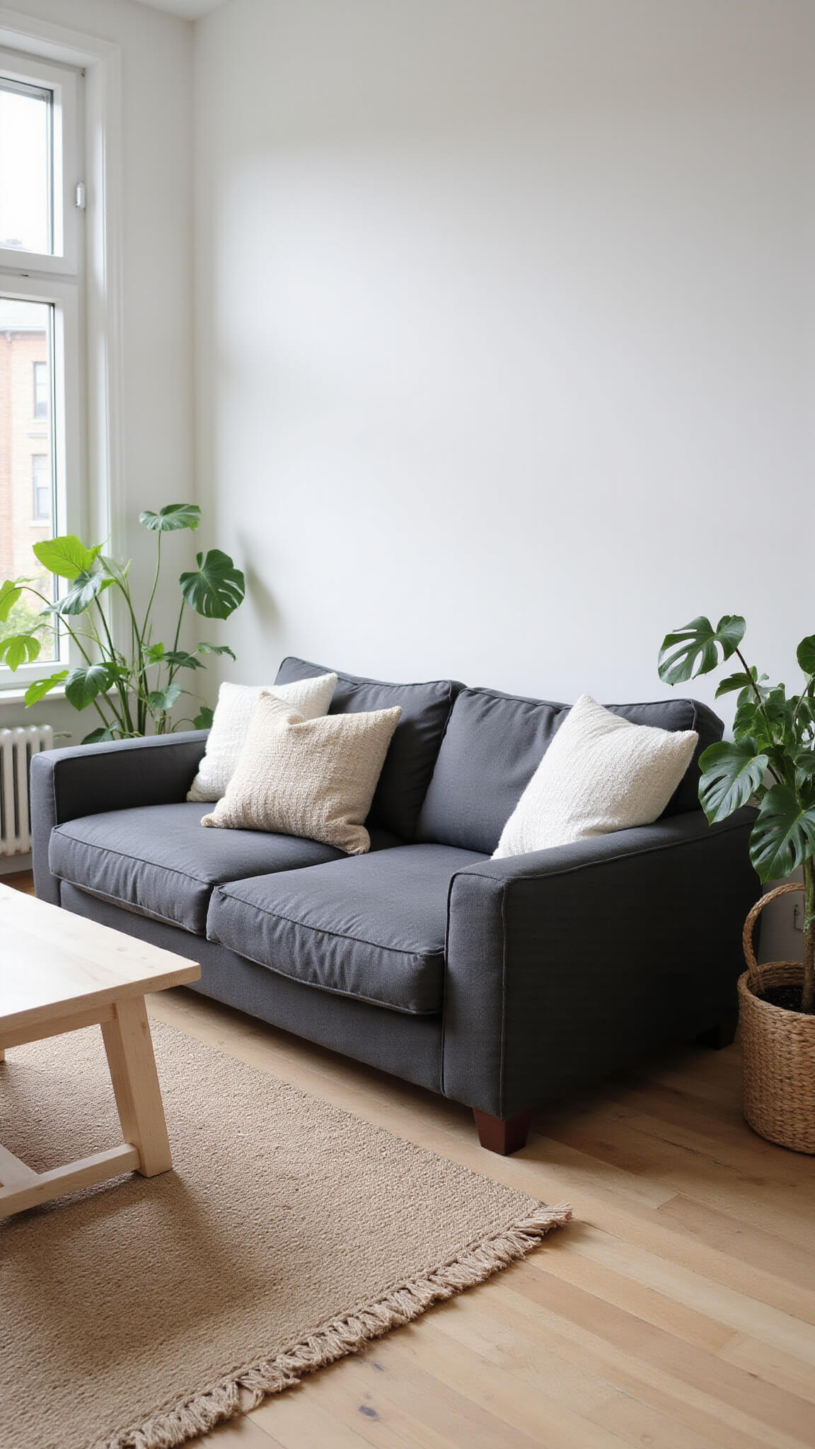Minimalist Scandinavian living room with dark grey sofa, pale jute rug, bleached wood table, and trailing plants in morning light.