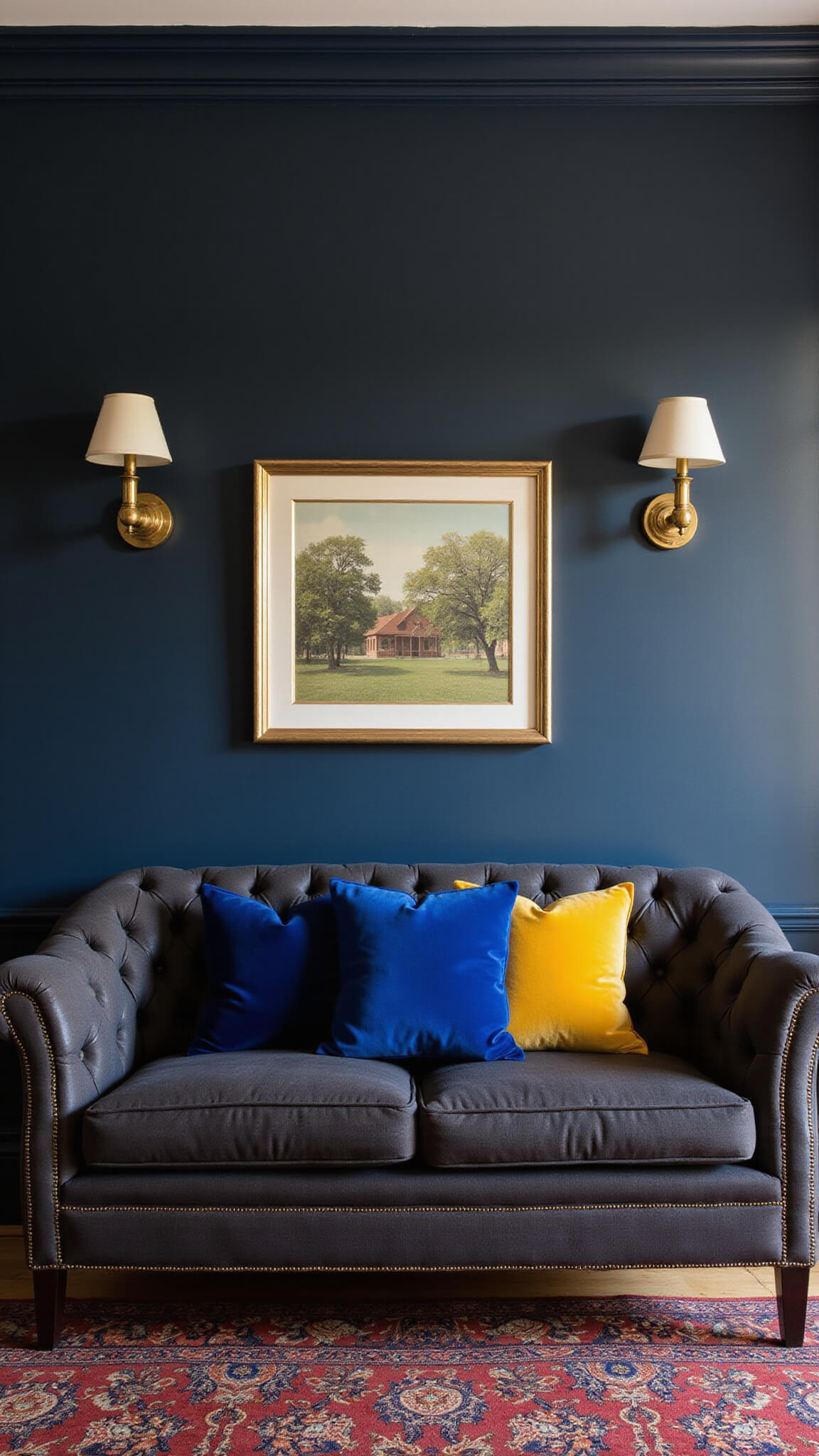 Moody jewel-toned den with dark navy walls, a tufted grey sofa accented by sapphire and mustard pillows, brass sconces, mahogany furniture, and a Persian rug in warm golden hour light.