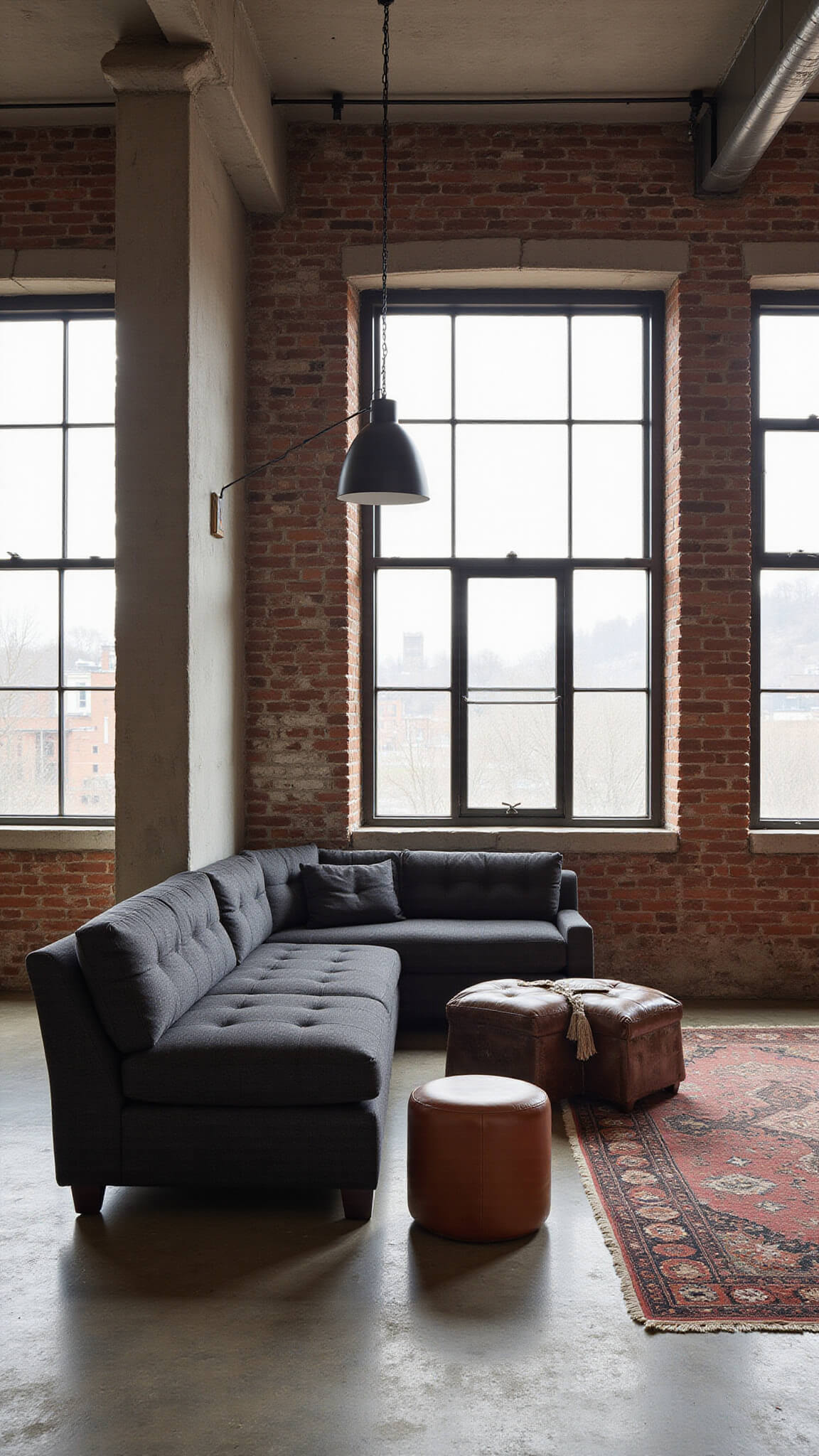 Urban industrial loft with exposed brick, concrete pillars, grey bouclé sectional, leather ottomans, vintage rugs, and dramatic morning light.