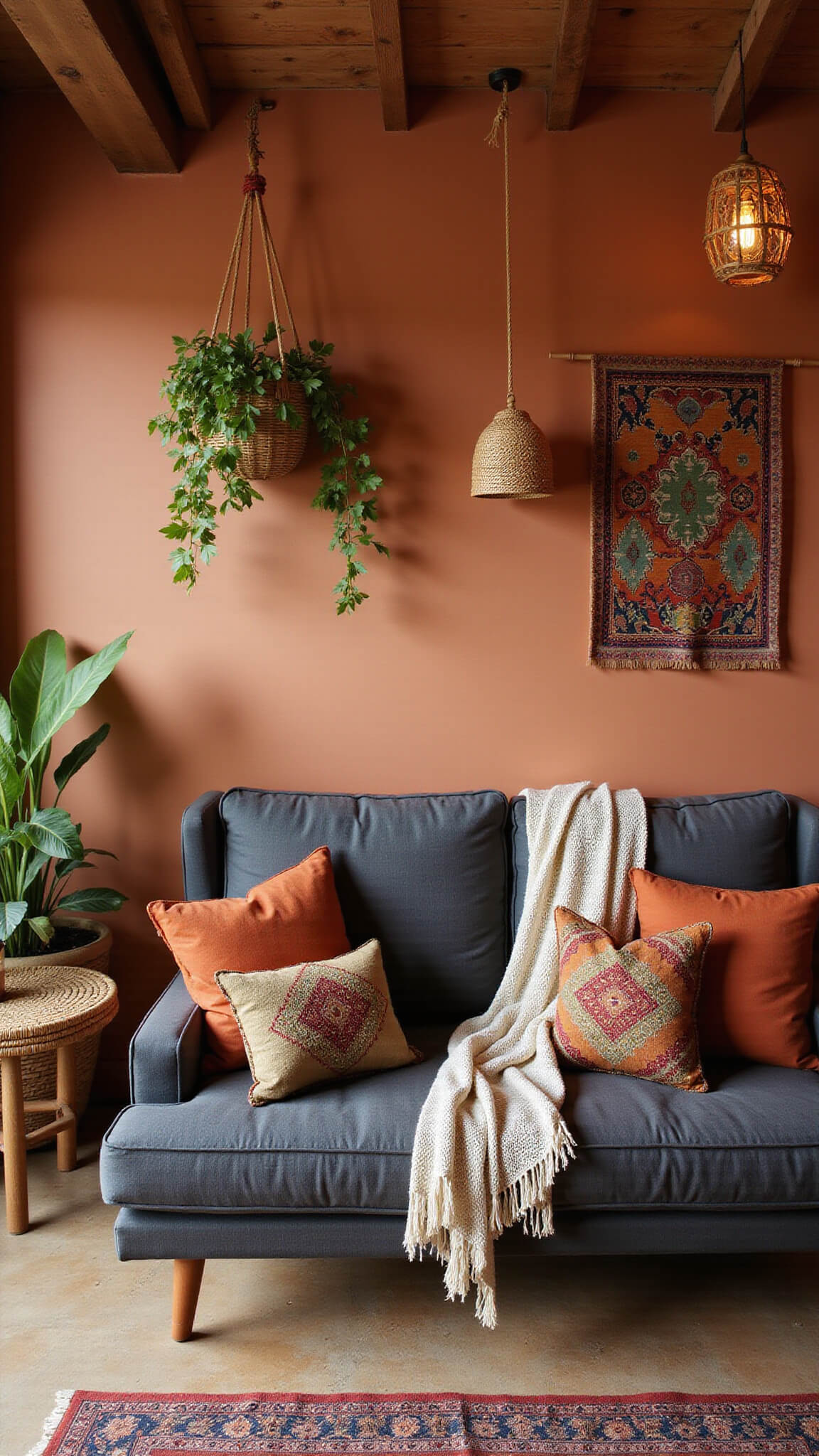 Bohemian eclectic room with terracotta walls, dark grey sofa, Moroccan textiles, rattan lighting, and hanging plants in golden hour light.