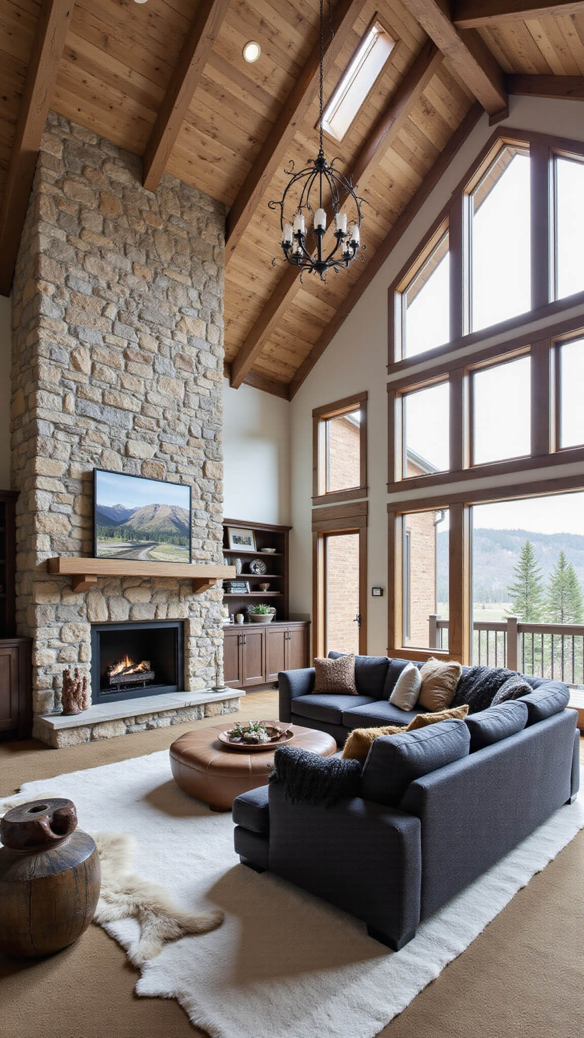 Modern mountain great room with stone fireplace, dark grey sectional, wood beams, antler chandelier, and natural light through clerestory windows.