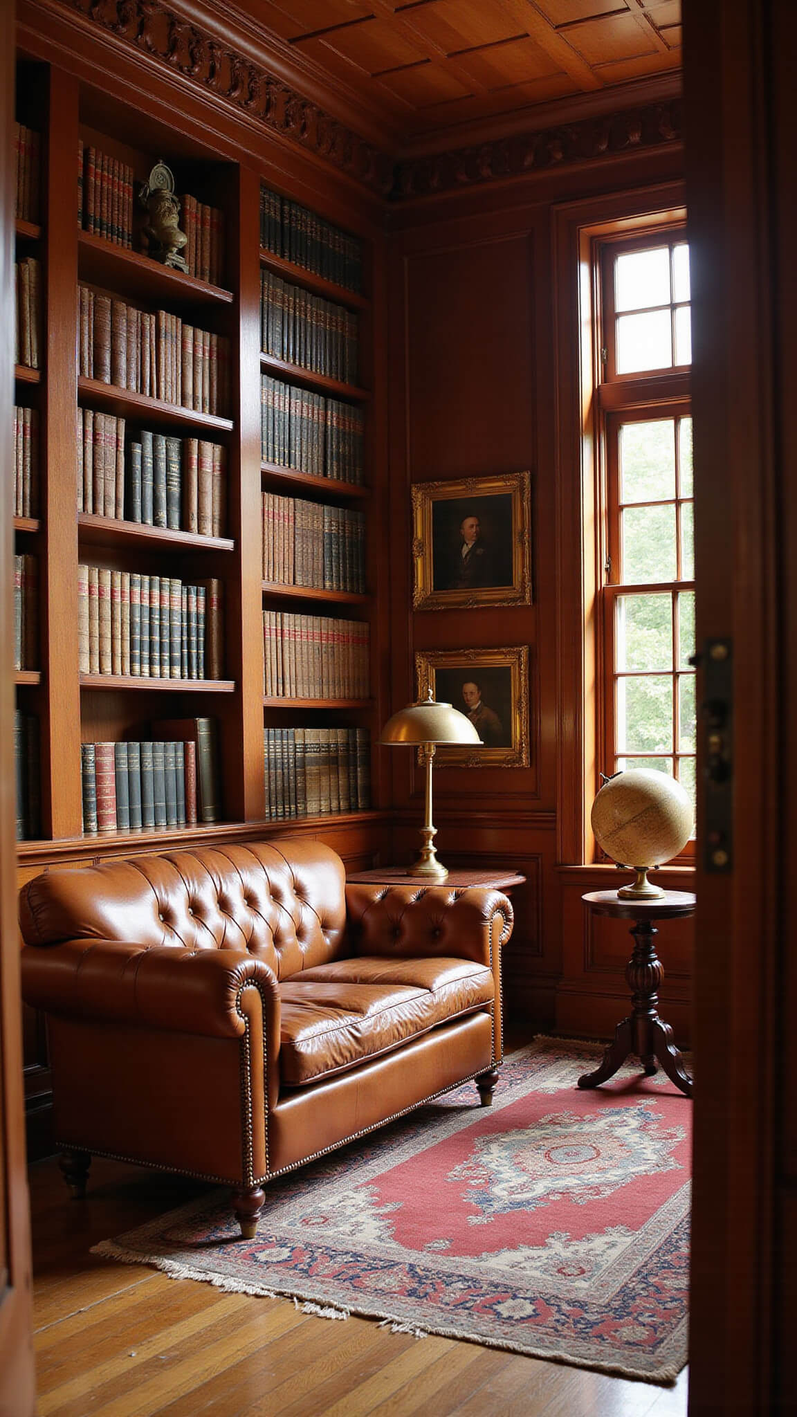 Wood-paneled library with mahogany bookcases, leather-bound books, and a cognac Chesterfield sofa on a Persian rug, bathed in golden afternoon light from tall sash windows.