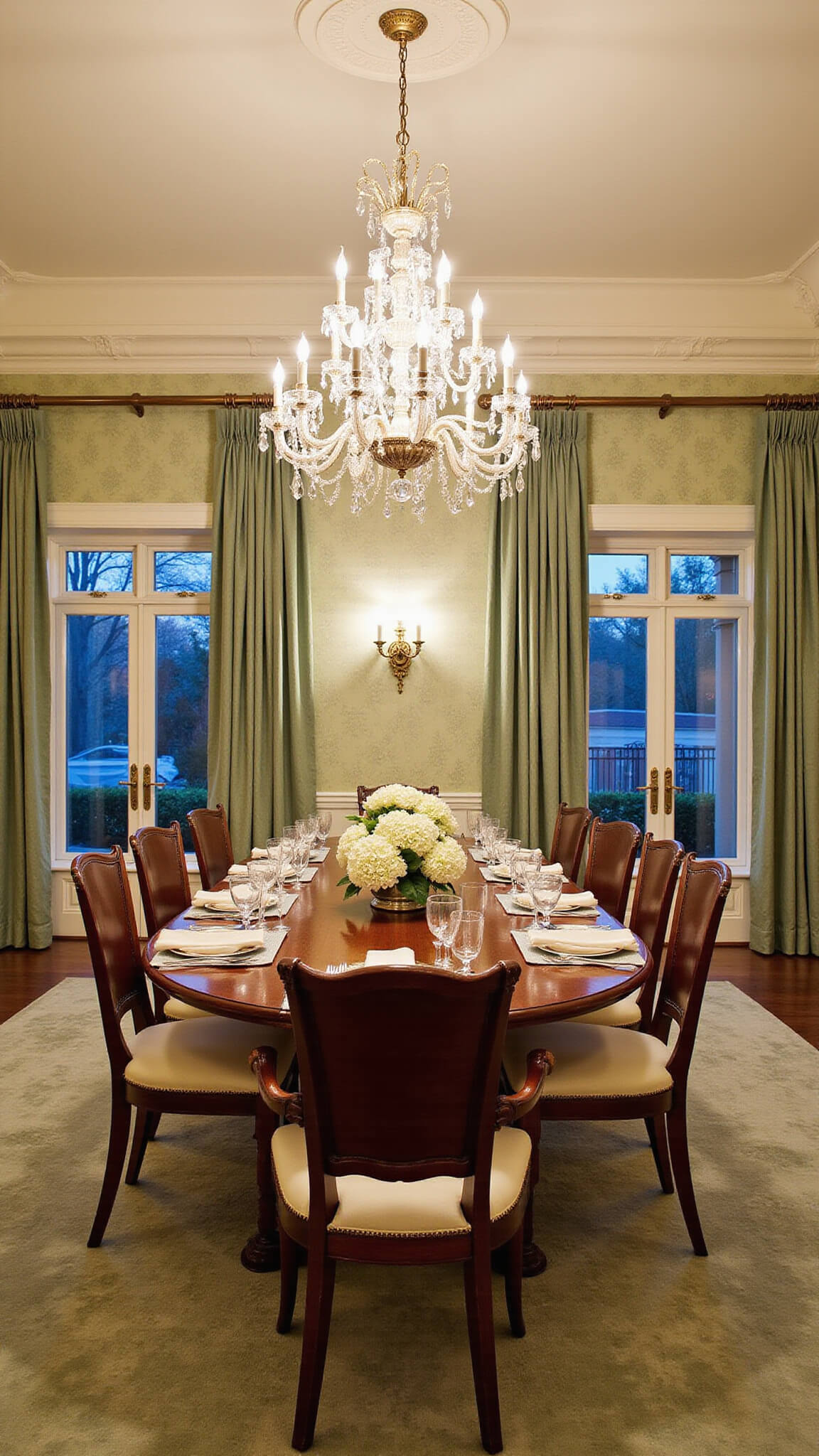 Elegant formal dining room with high ceilings, mahogany table set for twelve, crystal chandelier glow, and sage green damask wallpaper.