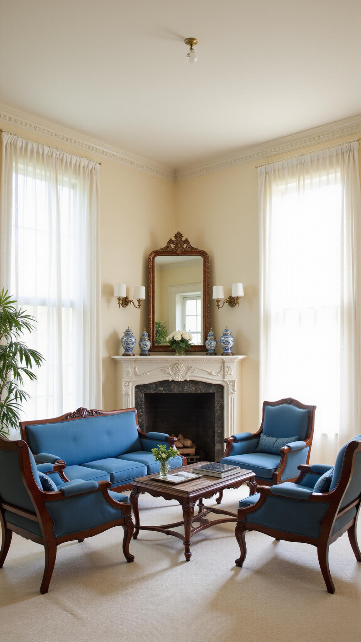 Elegant drawing room with ivory walls, blue silk seating, marble fireplace, antique mirror, and natural morning light through sheer curtained windows.