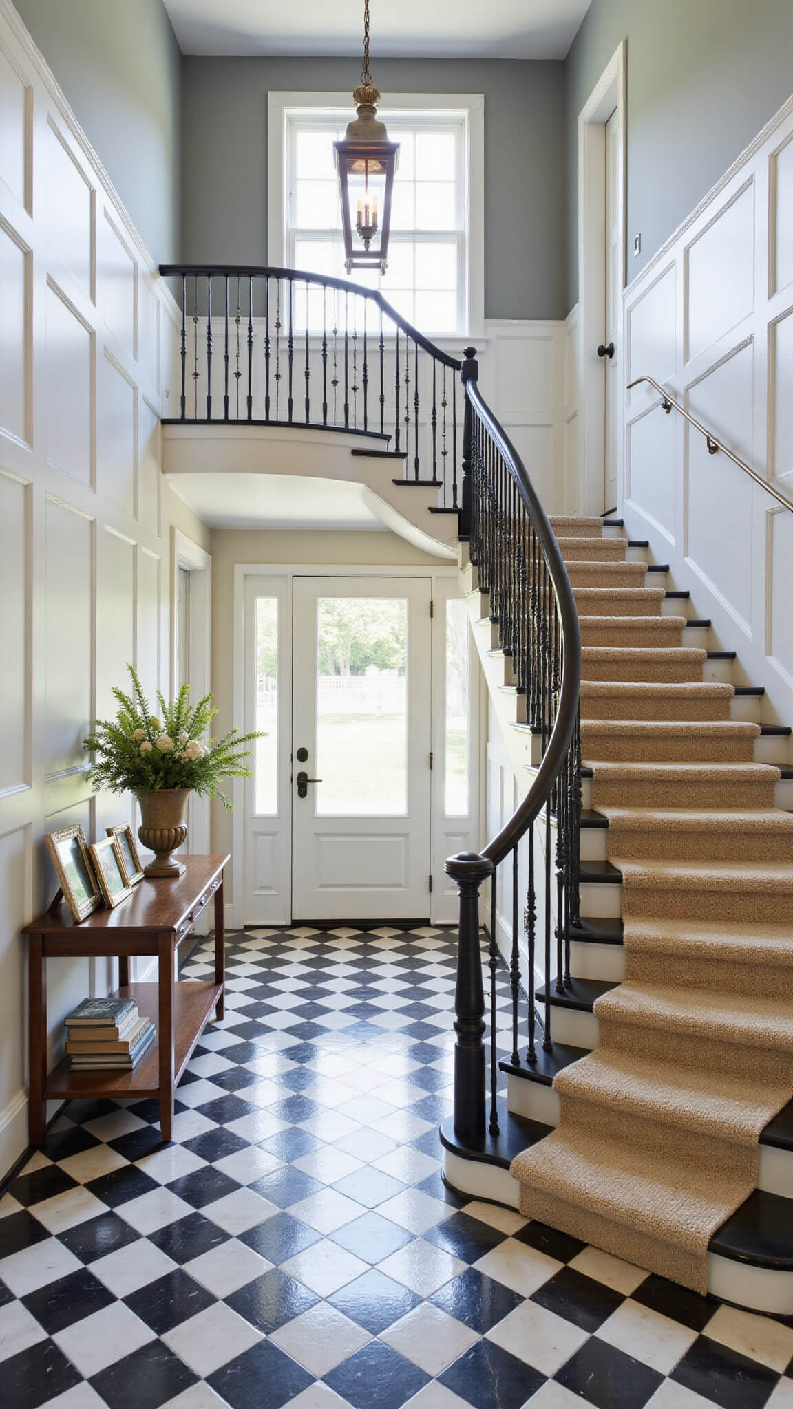 Dramatic two-story foyer with checkerboard marble floor, sweeping staircase, and brass pendant light casting shadows.