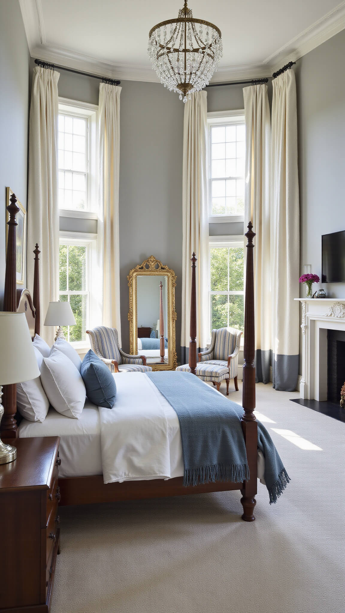 Luxurious master suite at sunrise with gray walls, mahogany four-poster bed, pearl silk drapes, antique furnishings, and crystal chandelier.