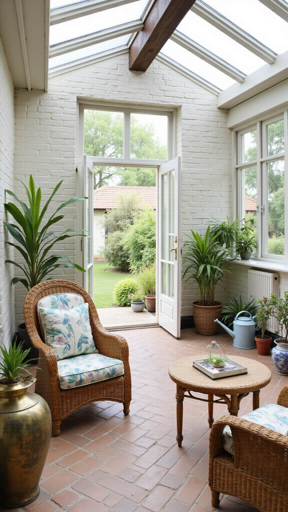 Sunlit garden room with white brick walls, terra cotta floors, wicker and botanical-print furniture, potted palms, orchids, and French doors opening to garden.