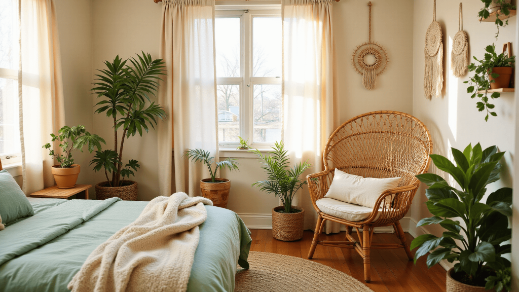 "Bohemian bedroom with sage green bedding, rattan peacock chair, macramé wall hangings, potted plants, and bamboo flooring bathed in golden hour sunlight."