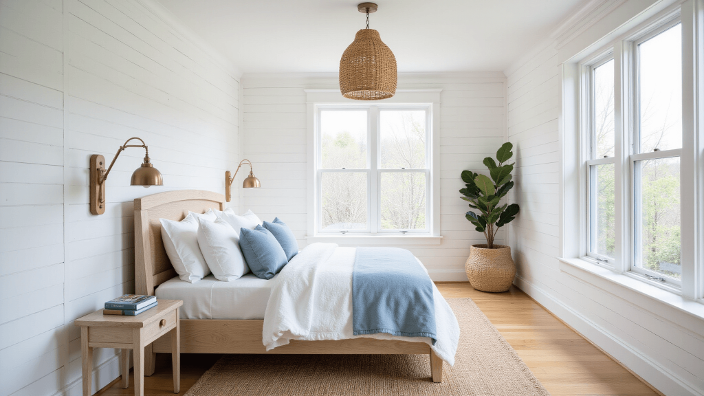 "Coastal bedroom with white shiplap walls, bleached oak bed, rattan accents, and soft blue textiles, bathed in natural light for a serene atmosphere"