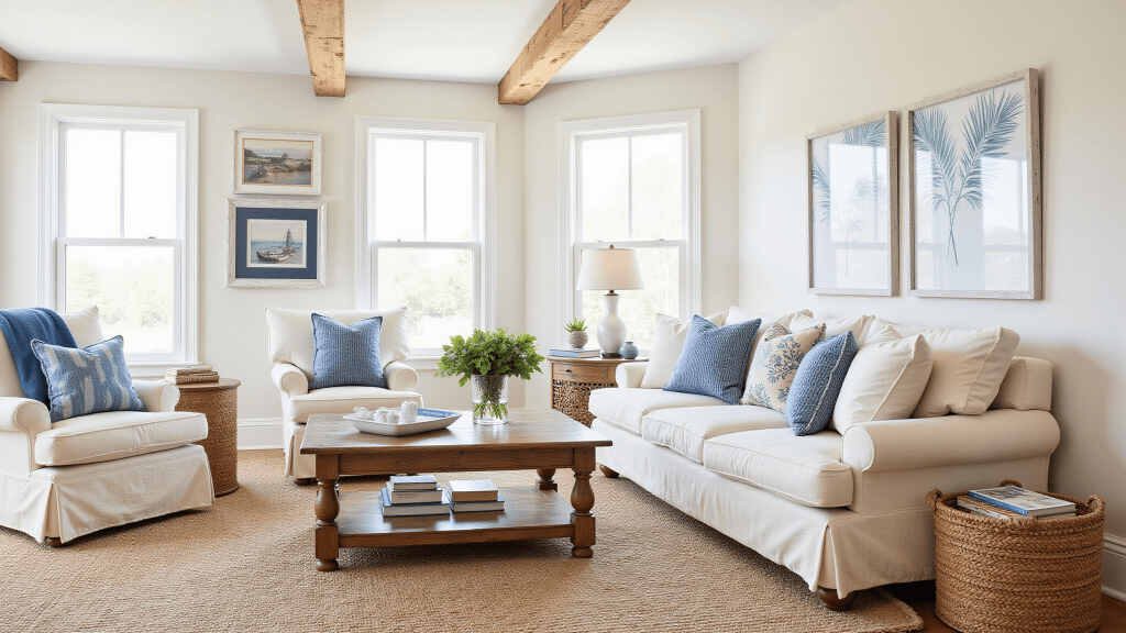 "Coastal farmhouse living room featuring a cream slipcovered sofa, whitewashed beams, a jute rug, seagrass baskets, blue accents, and natural light streaming through the windows."